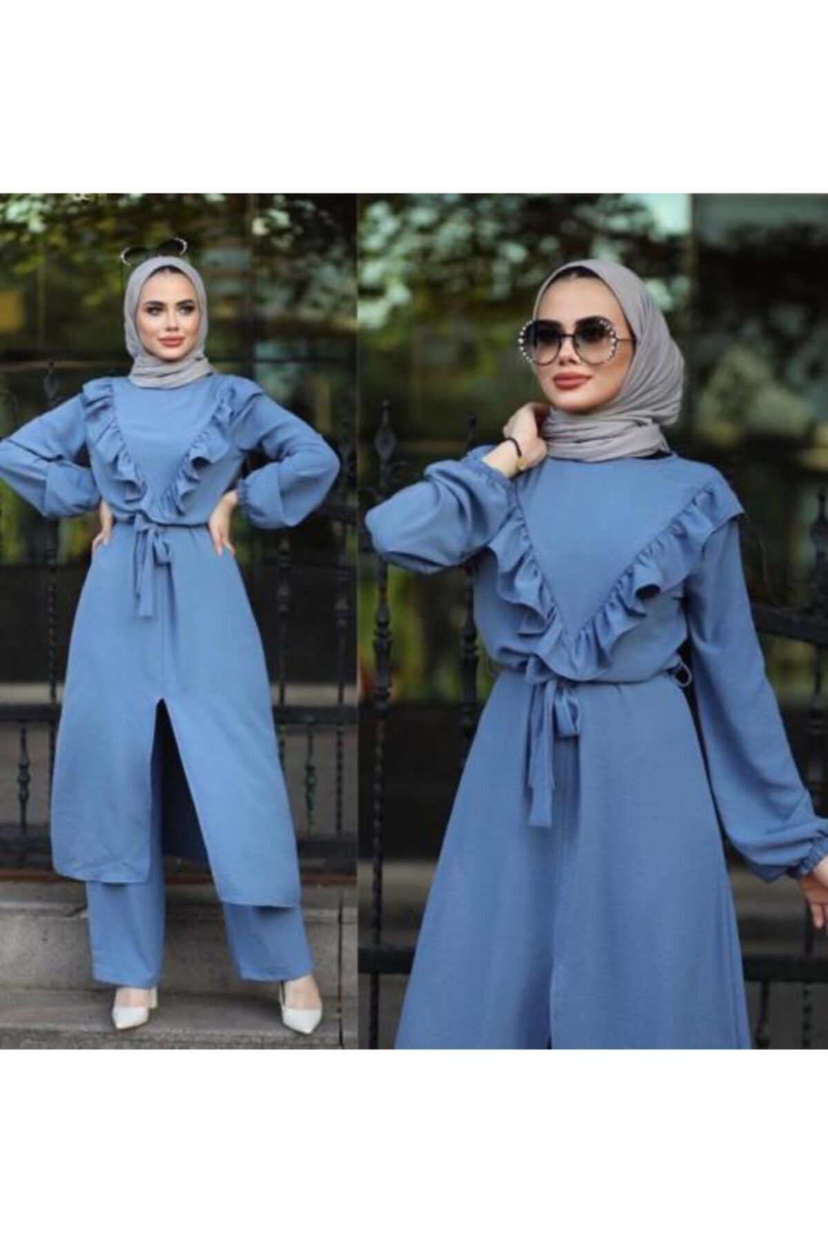 ALLMİRA FASHION Kadın Mavi Fırfır Detaylı Ikili Takım