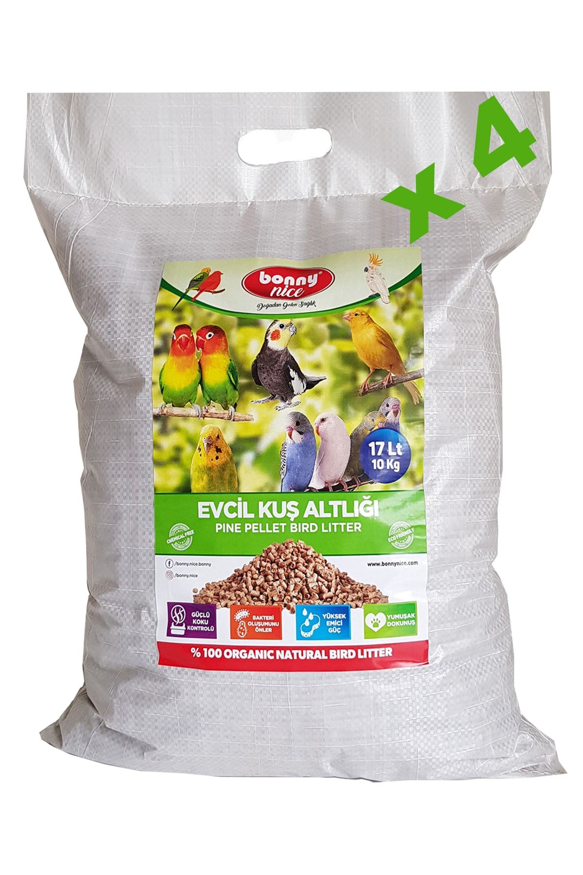 Bonny Nice Kuş Kumu Kanarya Muhabbet Papağan Bülbül Kafes Altlığı 10 Kg 17 L X 4 Paket