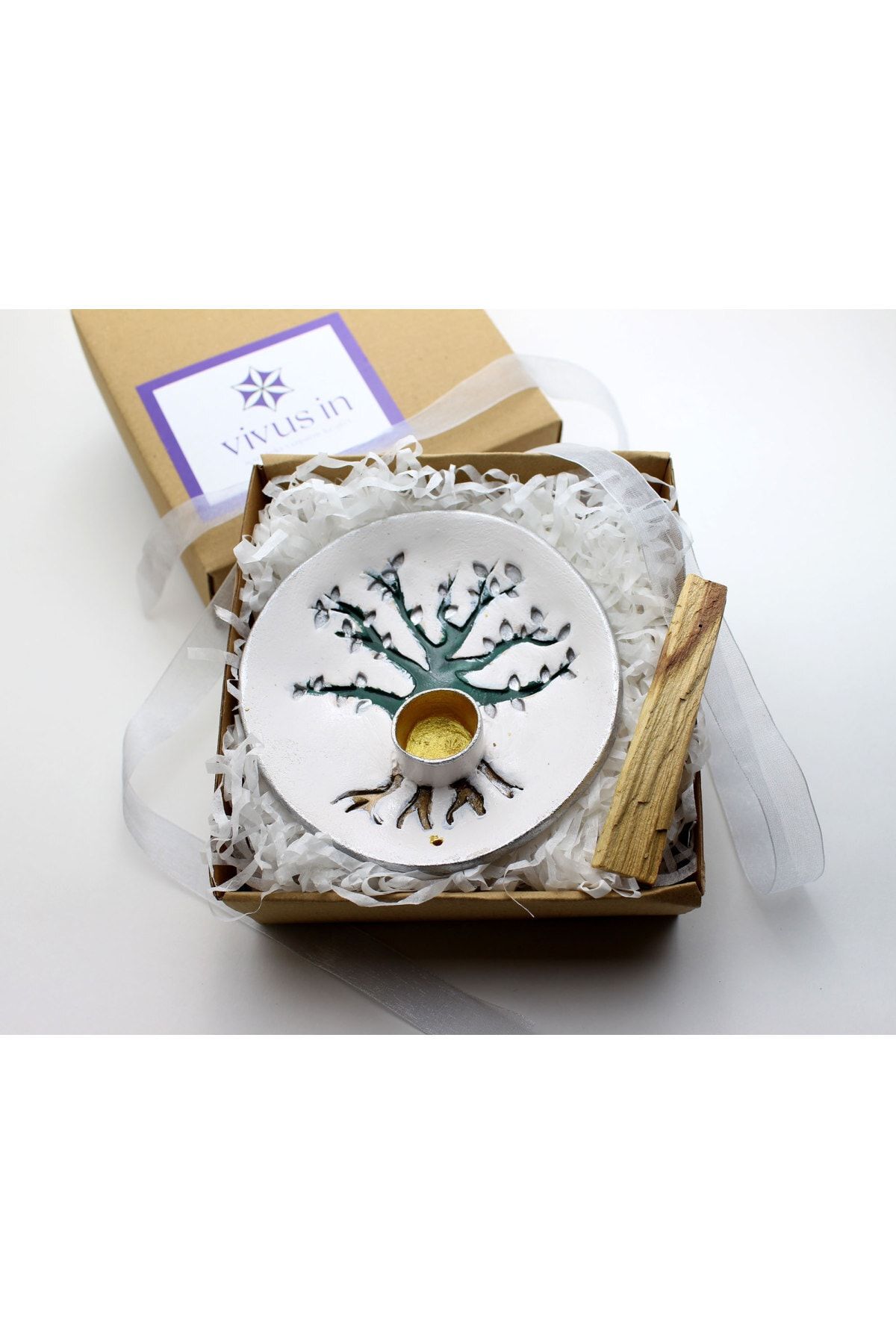 vivus in Vivusin Palo Santo Hediyeli El Yapımı Hayat Ağacı Seramik Tütsülük Beyaz Gümüş-Hediyelik Kutusunda