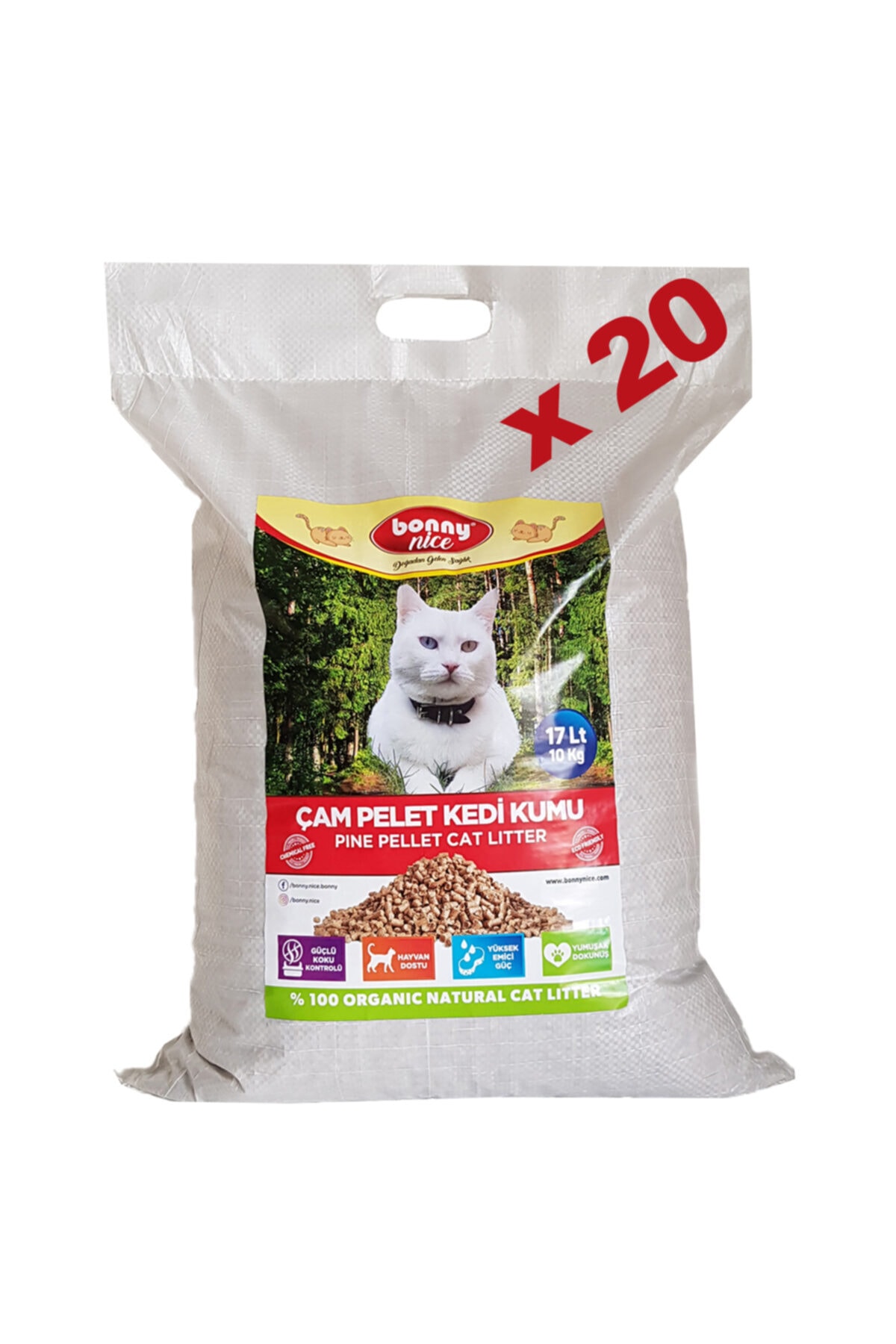 Bonny Nice Organik Kedi Kumu Çam Pellet 10 Kg 17 L X 20 Paket