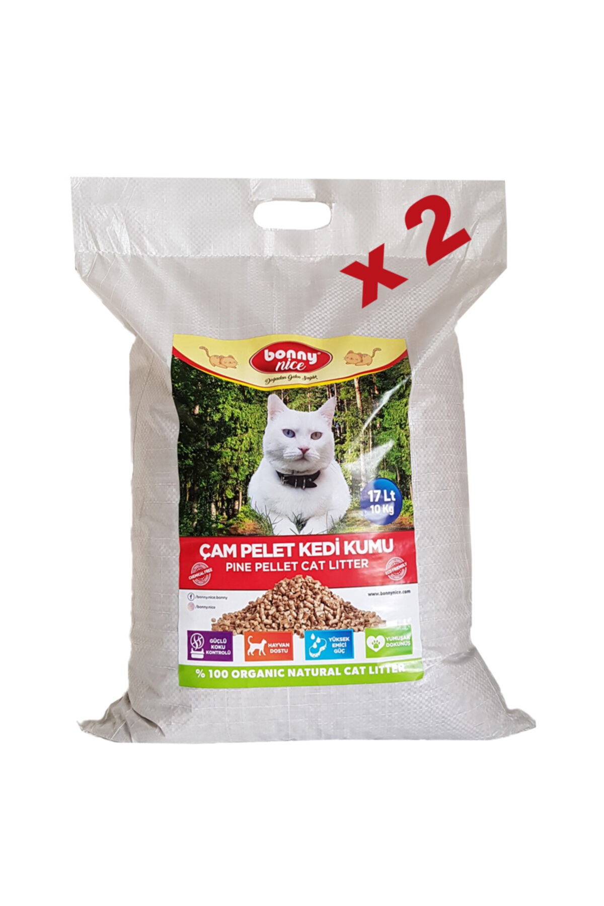Bonny Nice Organik Kedi Kumu Çam Pellet 10 Kg 17 L X 2 Paket