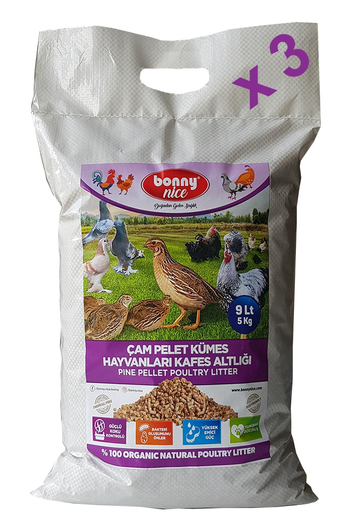 Bonny Nice Bıldırcın Güvercin Süs Tavukları Kafes Altlığı 5 Kg 9 L X 3 Paket