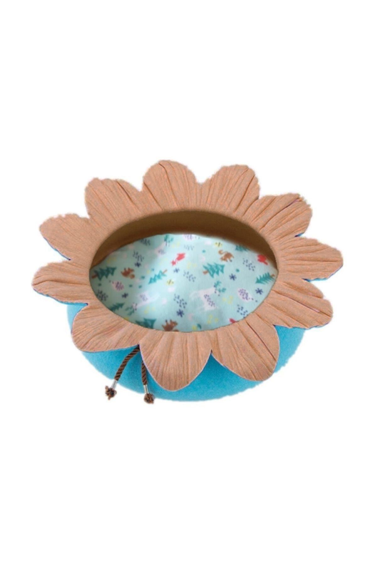 Pets Çiçek Şekilli Kedi Yatağı Mavi Kahve Çap:50cm Yükseklik:15cm