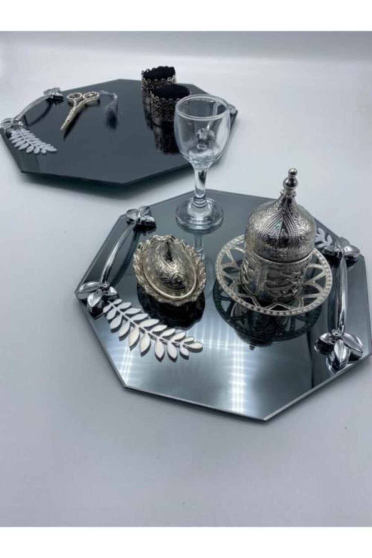 Pelit Valonia Yaprak Yüzük Tepsisi Ve Damat Kahvesi Ikili Tepsi Set