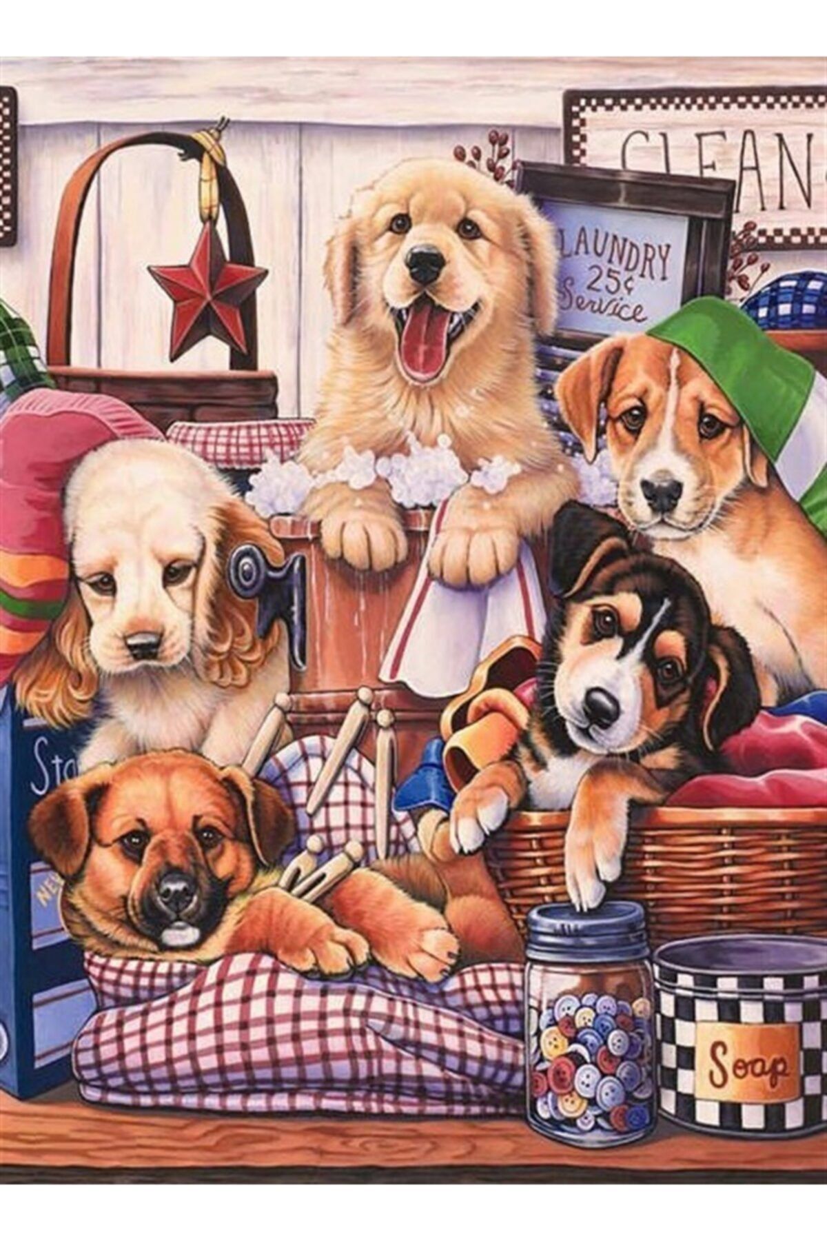MARCEL SANAT Köpekler Evde Tek Başına Elmas Mozaik Tablo 35x48cm