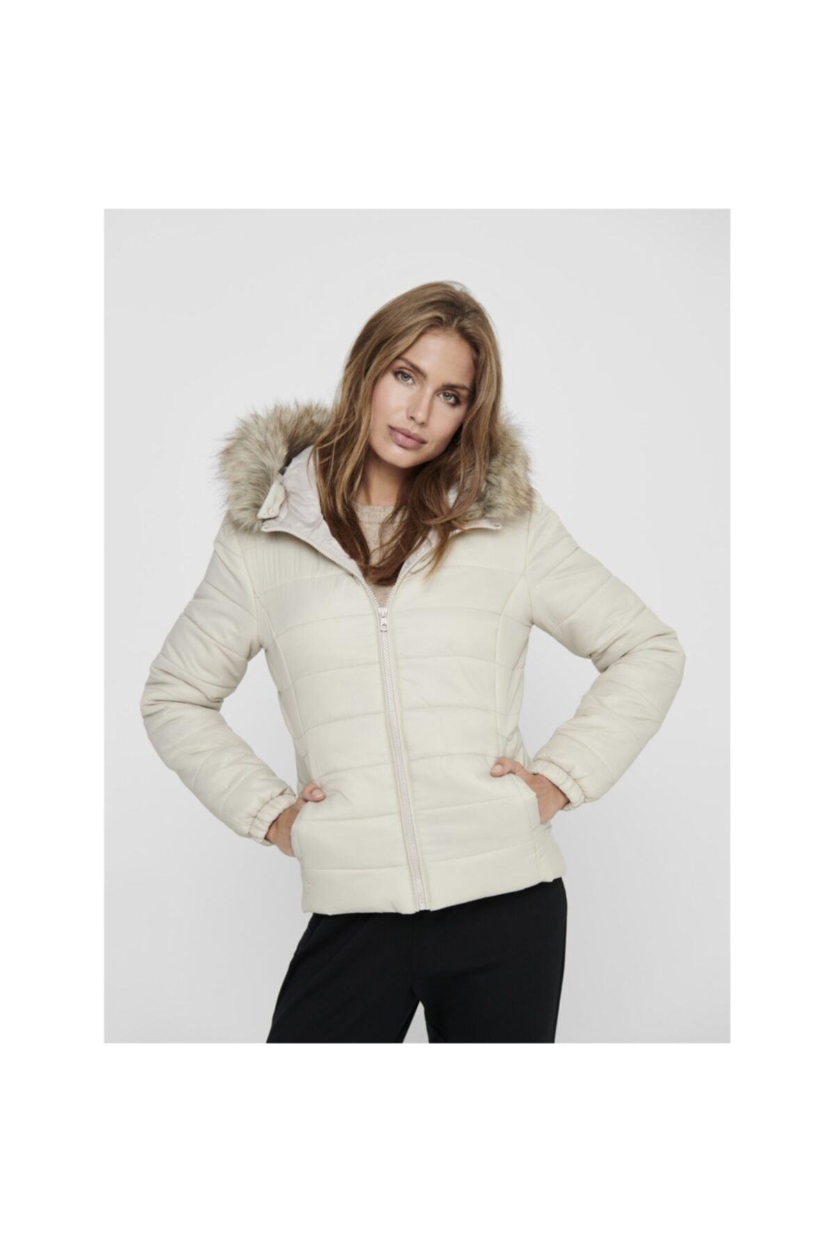 Only Kadın Bej Mont Onldogukan Hood Fur Padded 15231669-stn