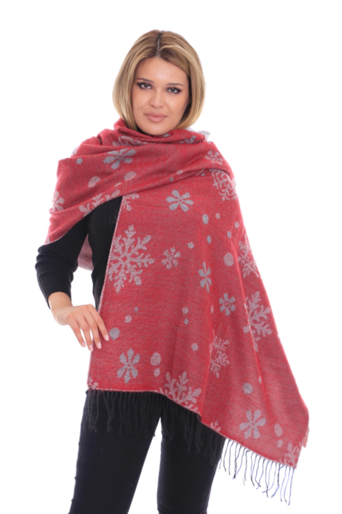 Gözde Online Butik Kadın Kırmızı Renk Yılbaşı Desen Atkı