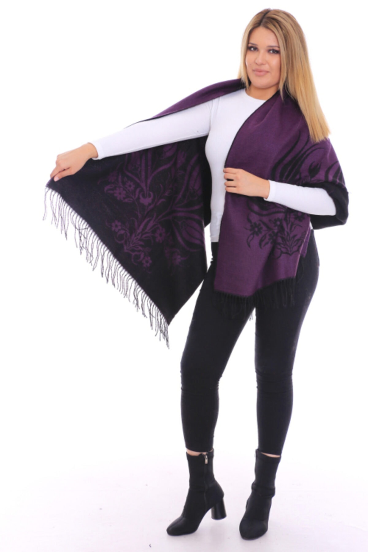 Gözde Online Butik Kadın Mor Lale Desen Atkı