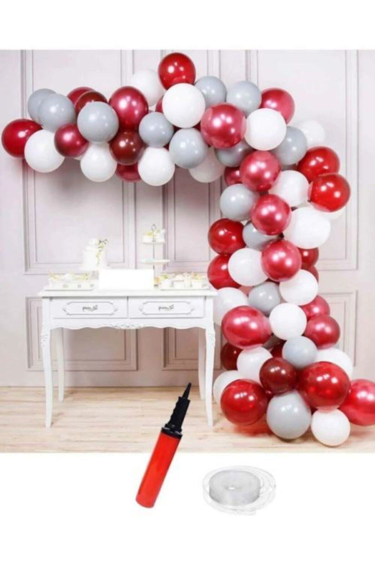 Parti dolabı Beyaz-bordo-gümüş Doğum Günü Balon Zinciri 62 Parça