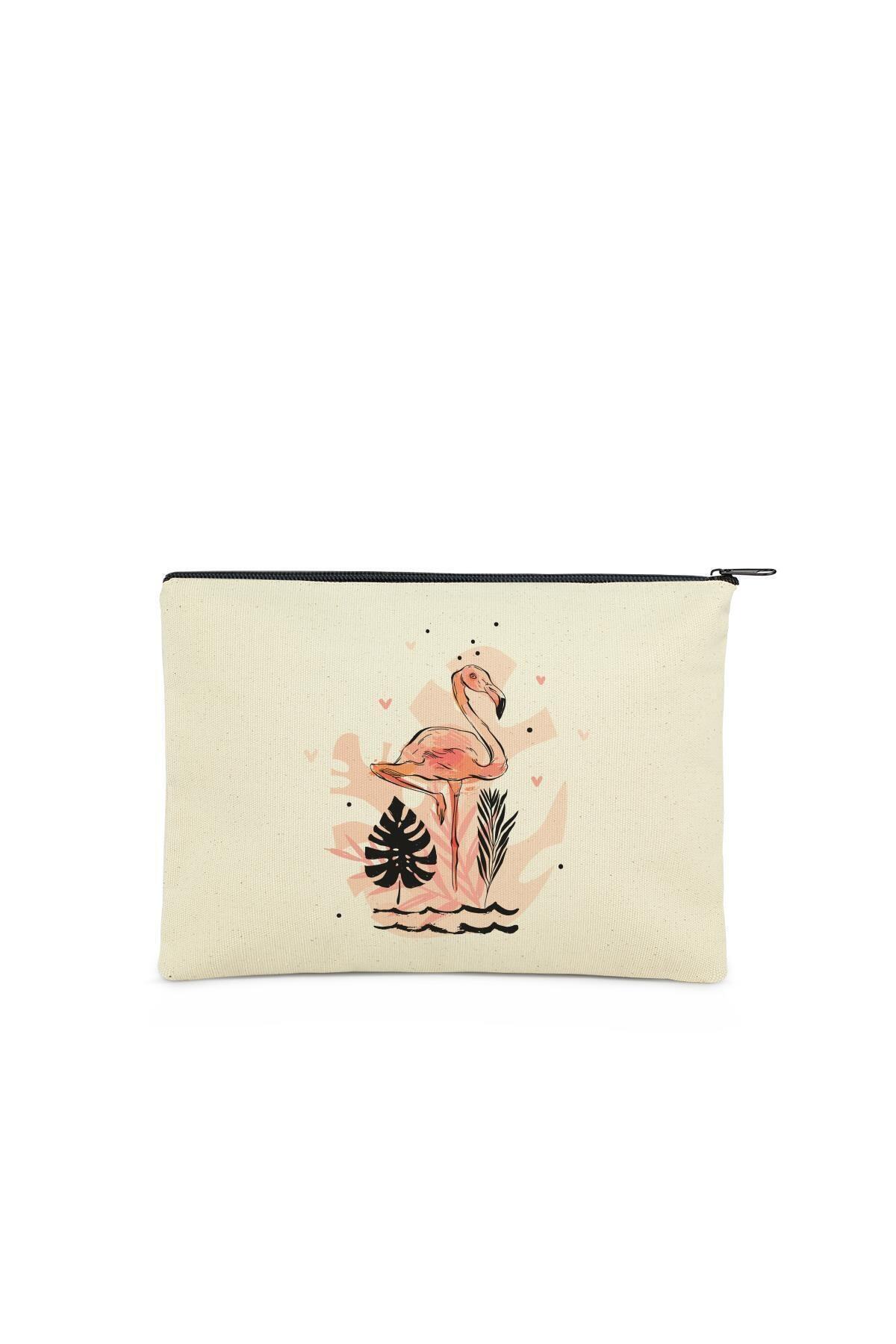 Çınar Bez Çanta Clutch Flamingo Kanvas Makyaj Çantası