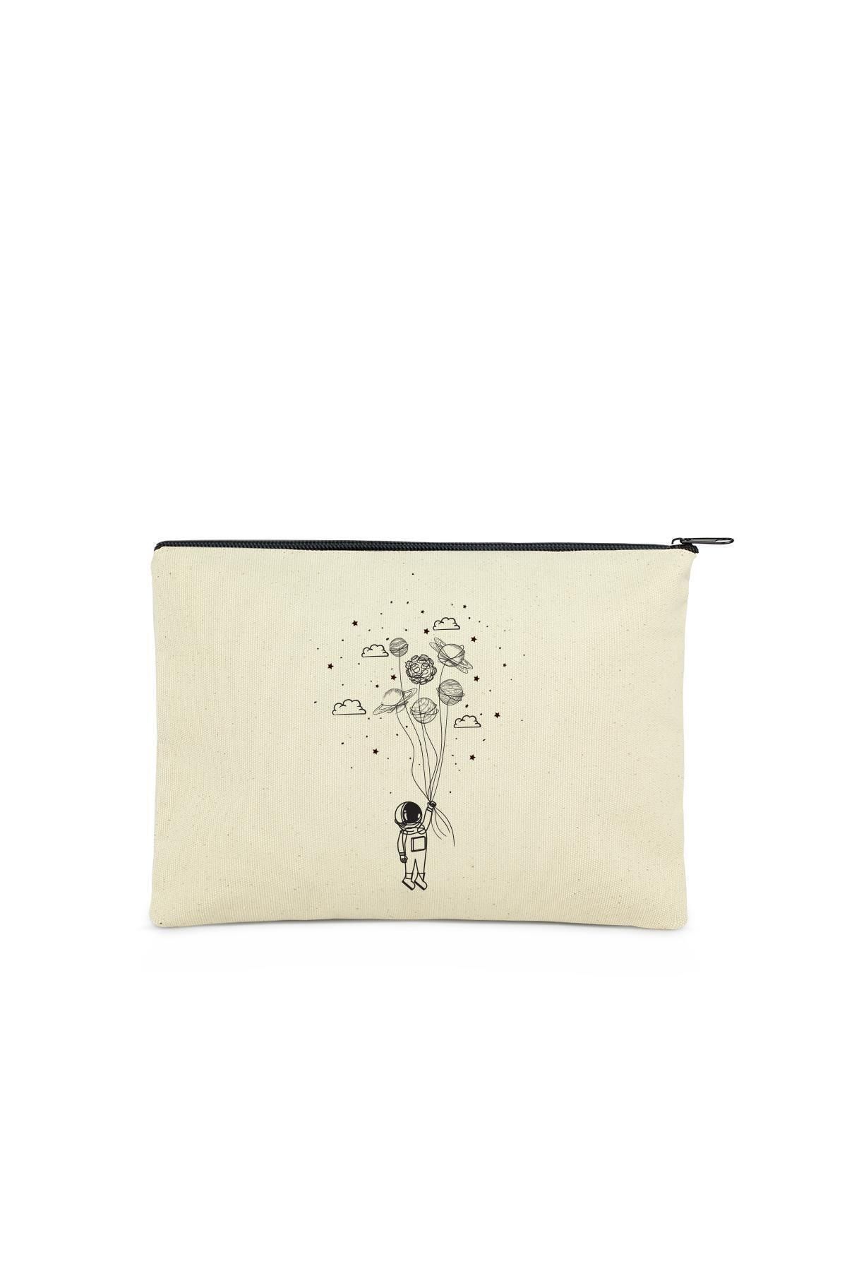 Çınar Bez Çanta Clutch Balonla Uçan Astronot Kanvas Makyaj Çantası
