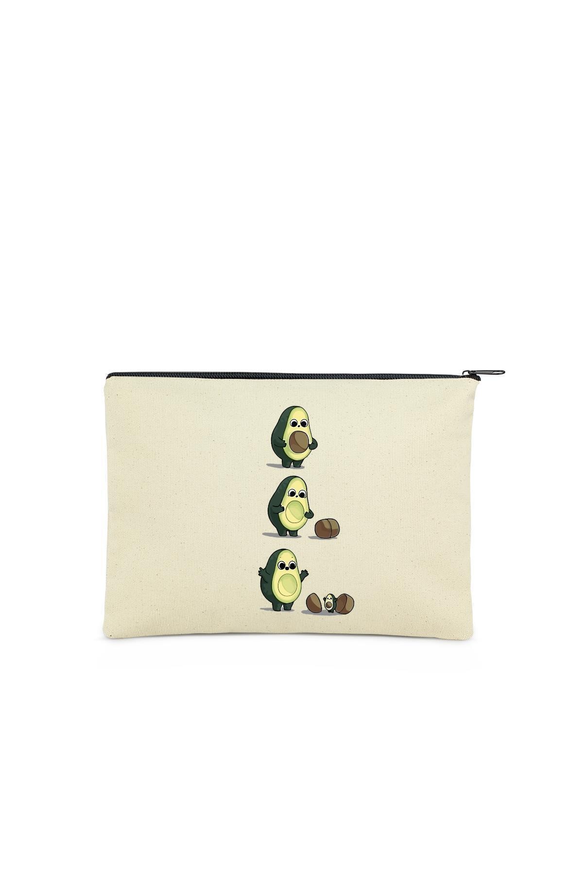 Çınar Bez Çanta Clutch Avokado Ve Yavrusu Kanvas Makyaj Çantası