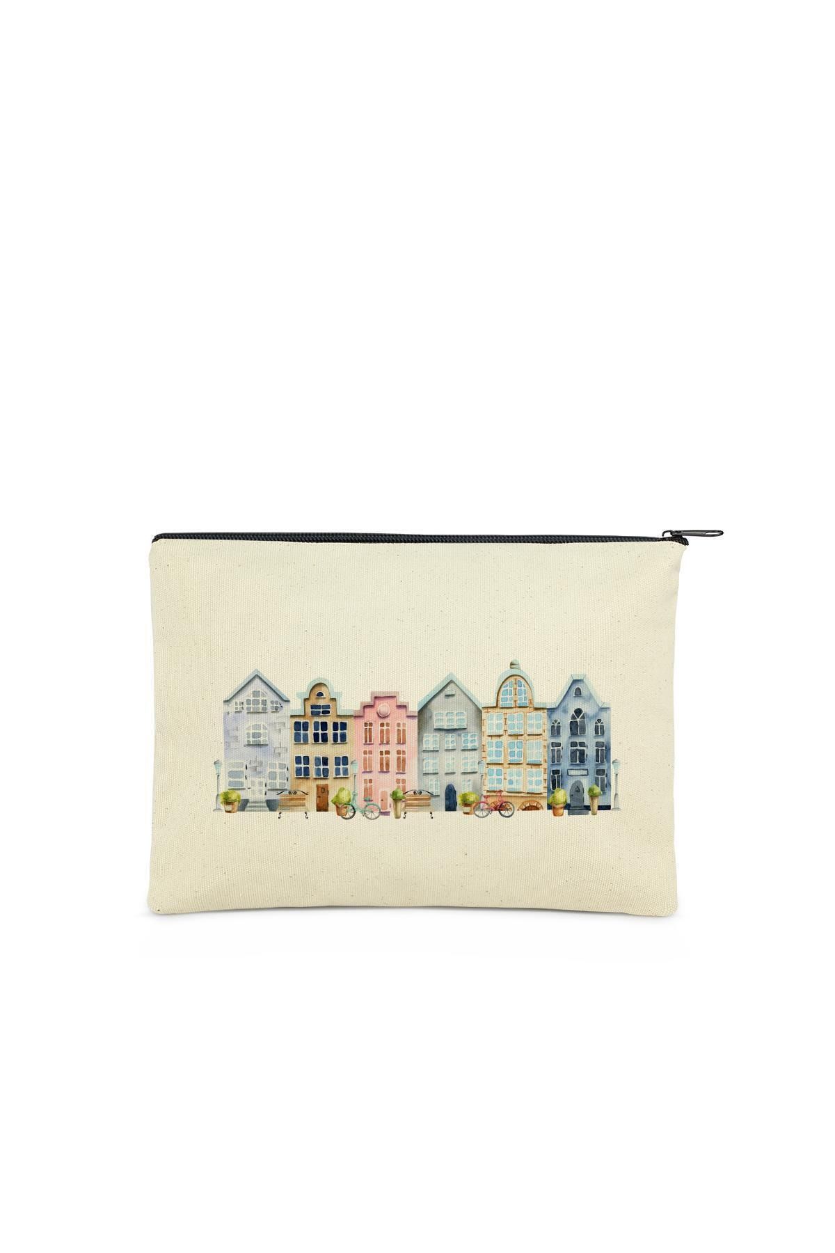 Çınar Bez Çanta Clutch Amsterdam Evleri Kanvas Makyaj Çantası