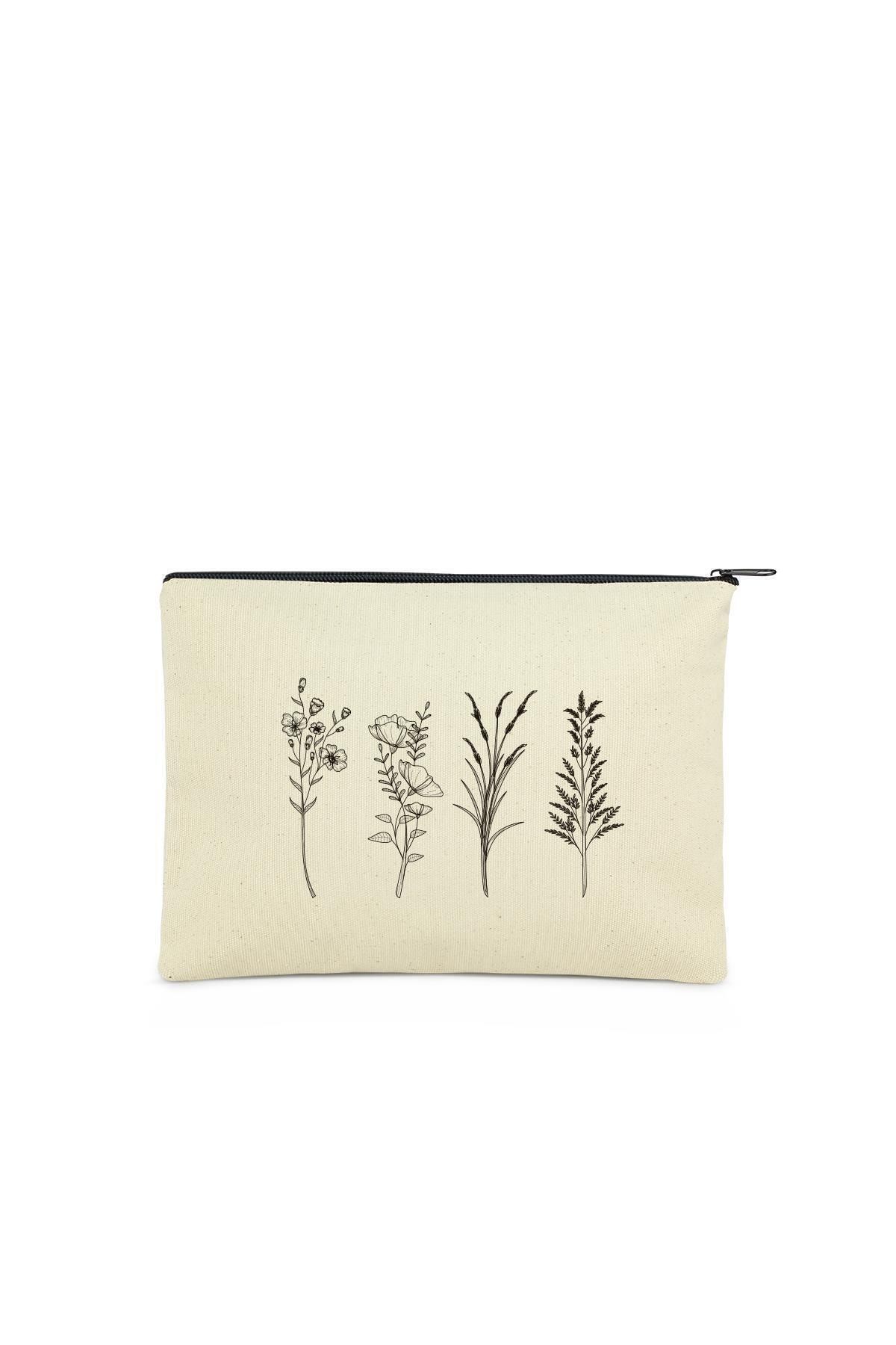 Çınar Bez Çanta Clutch 4 Dallı Çiçek Kanvas Makyaj Çantası