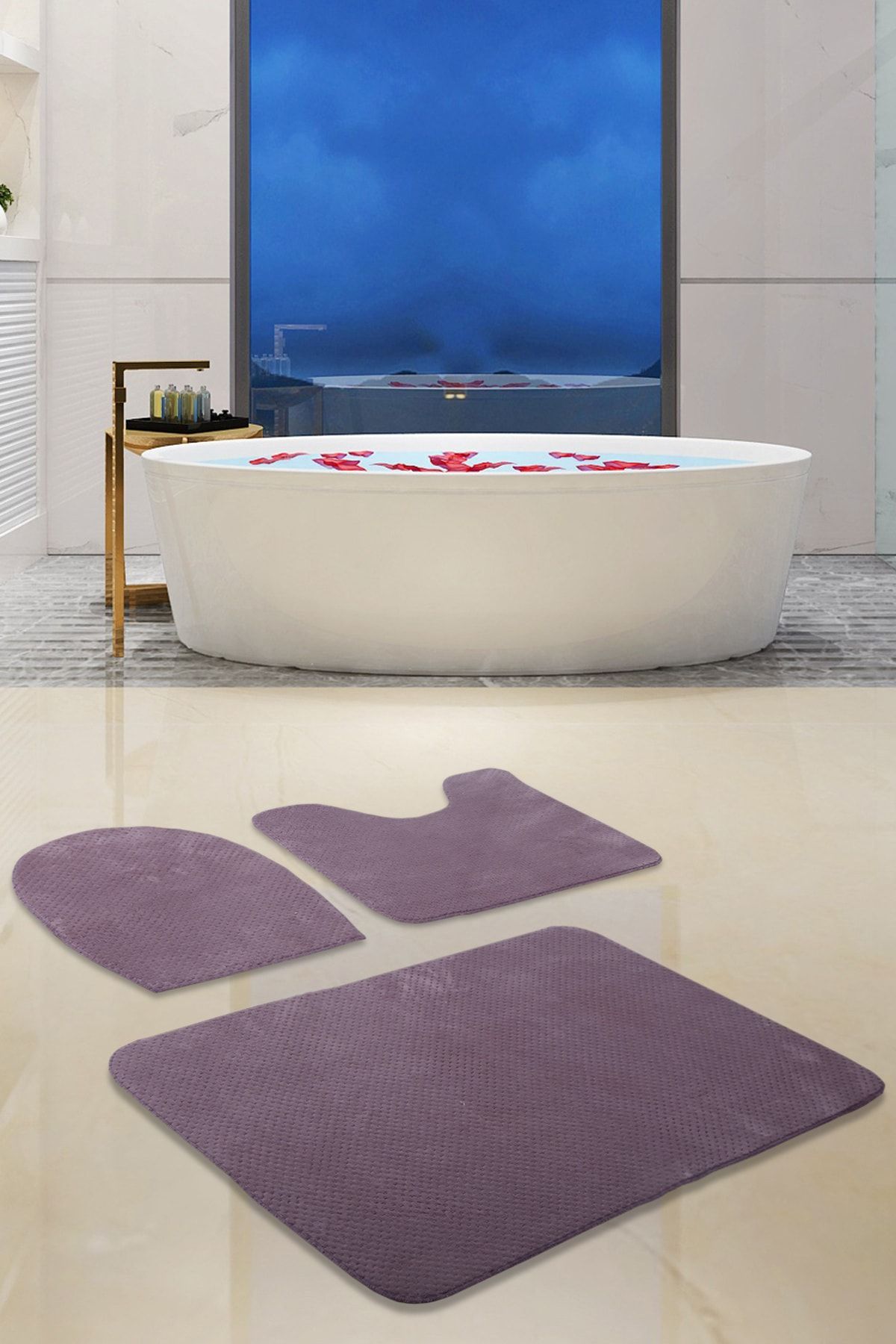 Bonny Home Arora Mor 3lü Banyo Halısı Paspası Seti Kaymaz Tabanlı Klozet Takımı