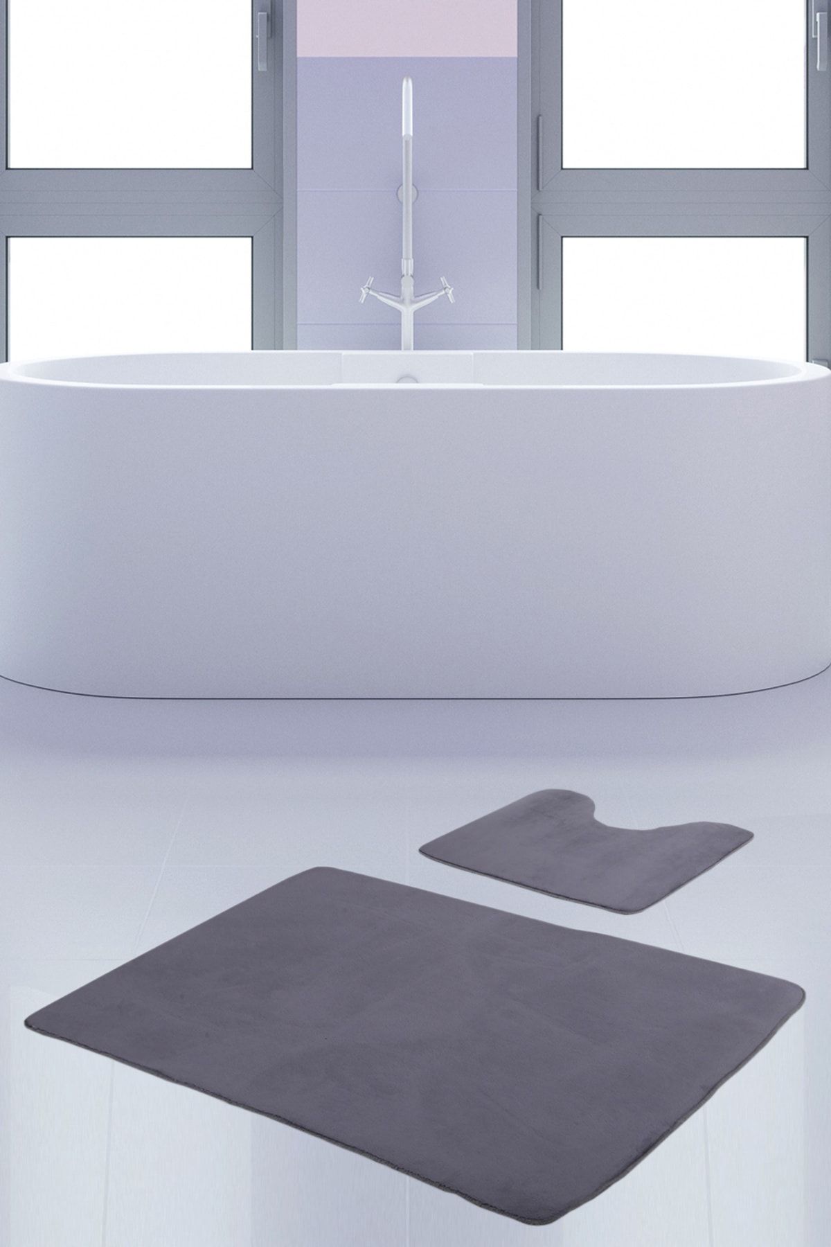 Bonny Home Unicolor Düz Gri 2li Banyo Paspası Halısı Seti Kaymaz Klozet Taban Takımı