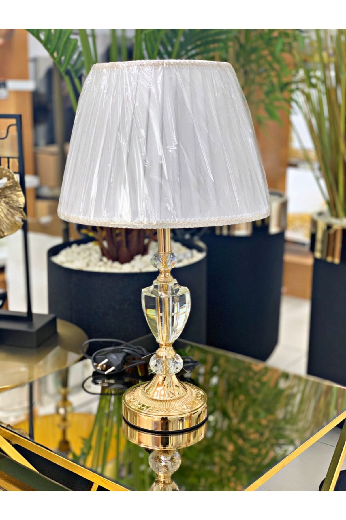 Olcay Home Krem Gold Lüx Kristal Taşlı Abajur