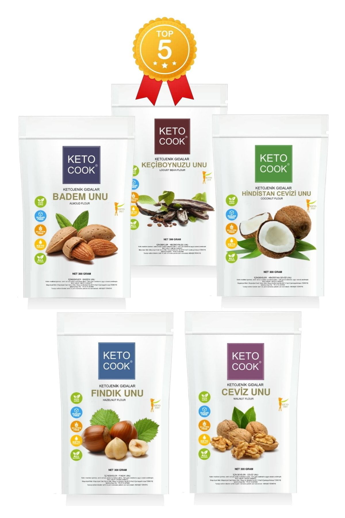 KetoCook Ketojenik Glütensiz 5'li Avantaj Badem Unu+fındık Unu+ceviz Unu+h.cevizi Unu+keçiboynuzu Unu 300 X 5