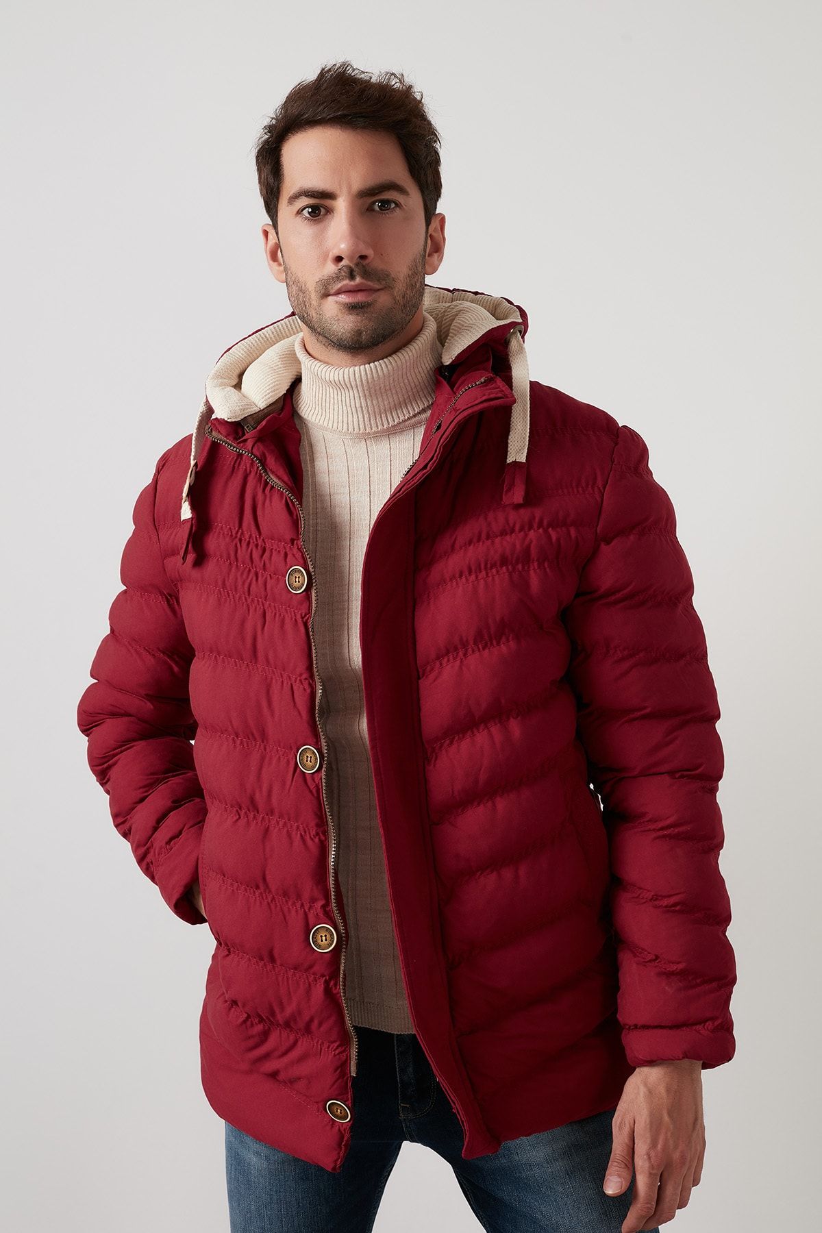 Buratti Erkek Bordo Kapusonlu Fermuarli Cepli Slim Fit Mont 55618k5071 Trendyol