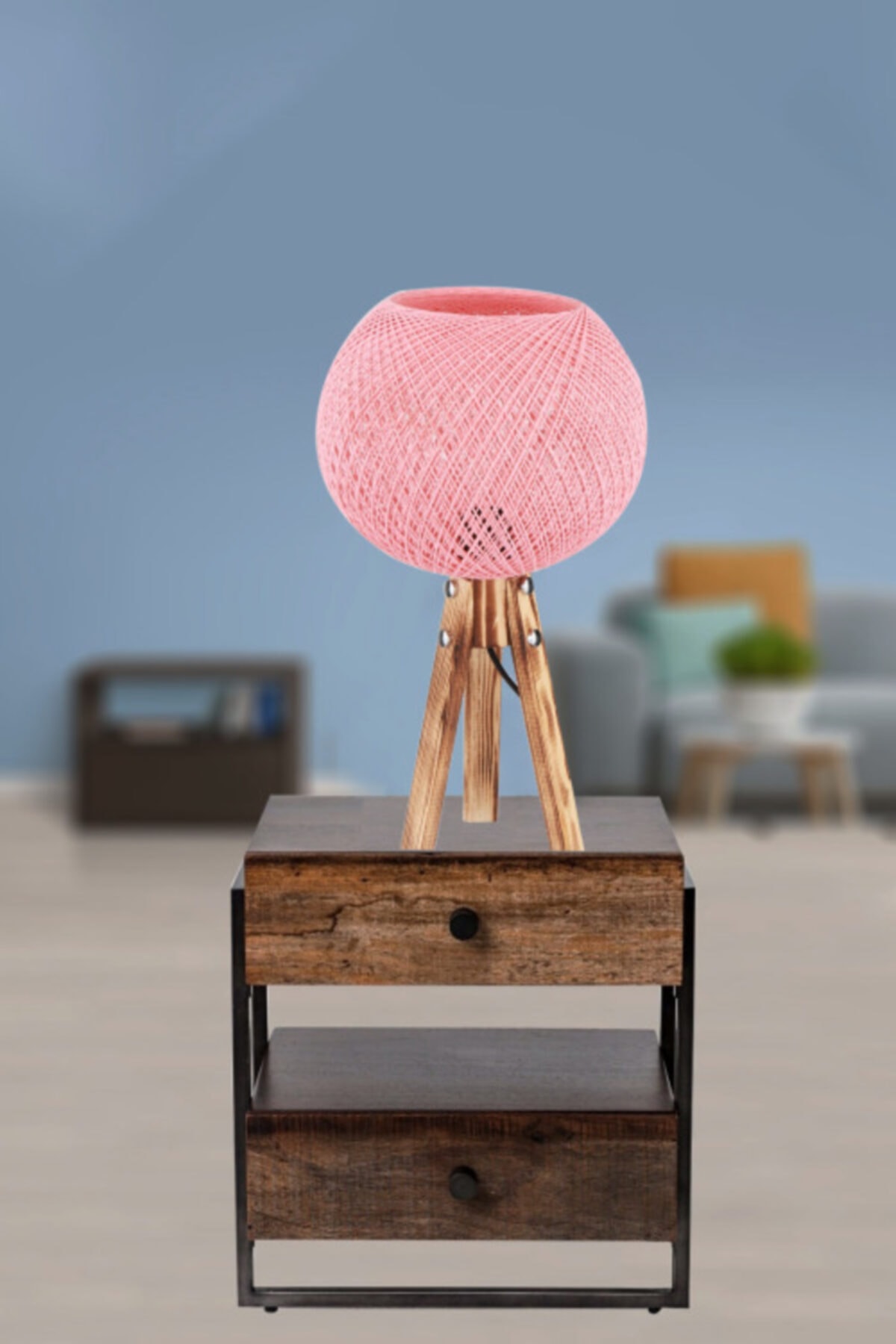 MasterPiece Ahşap Ayaklı Top Hasır Abajur Pembe