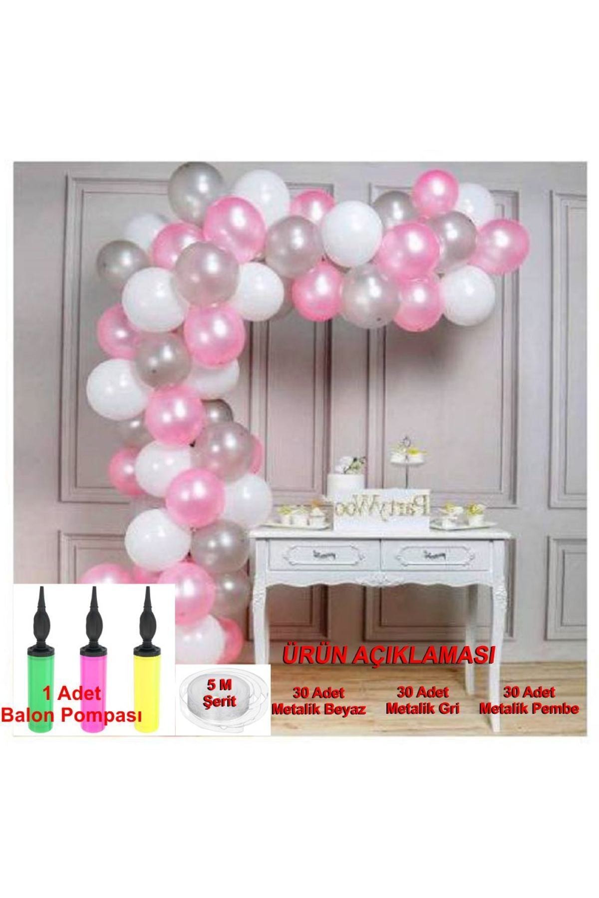 Işıl Işıl Pembe -beyaz- Gri Balon Metalik Renk 90 Adet + 5 M Balon Yapma Zinciri + Balon Pompası