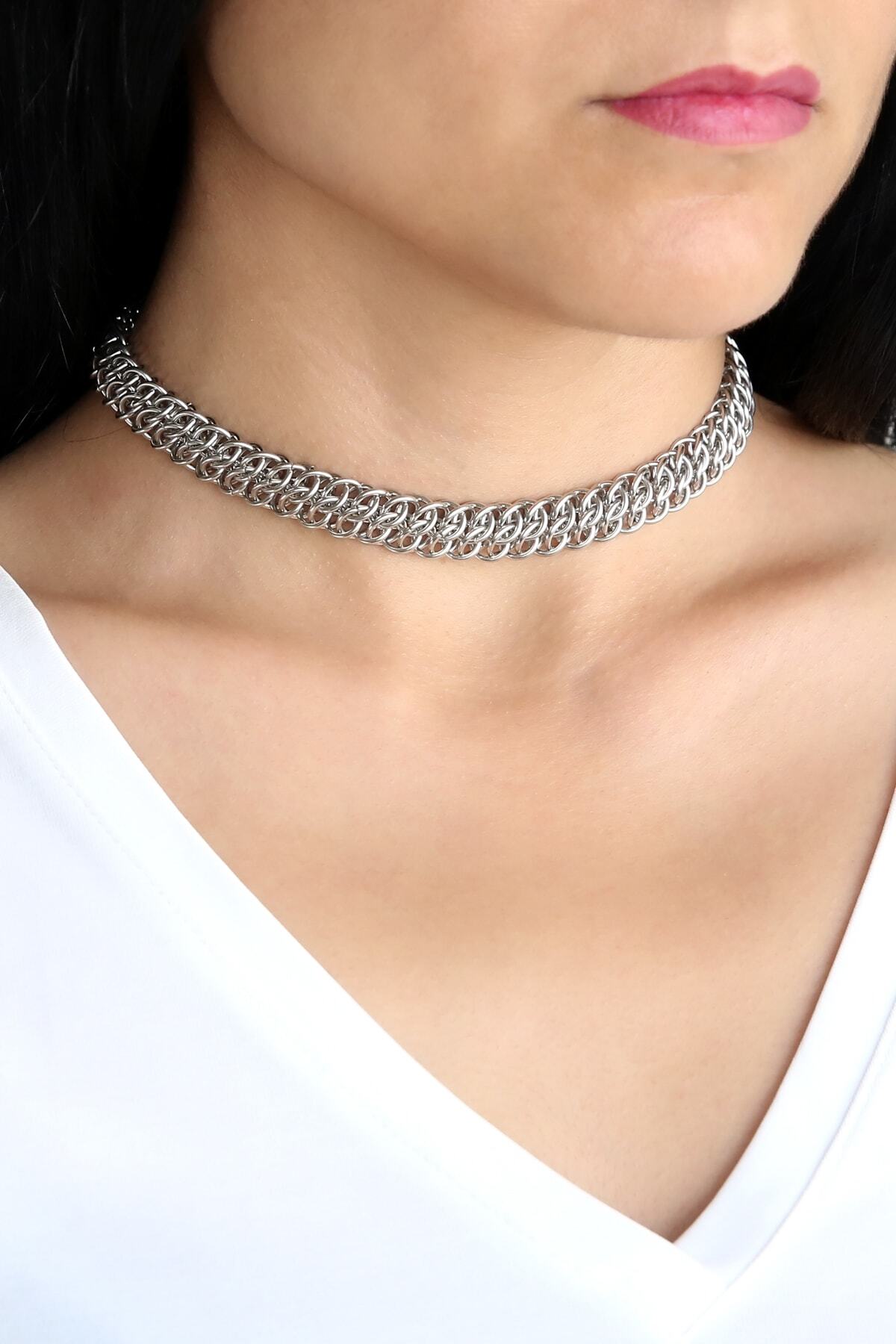 Mavra Handmade Gümüş Renk Örme Zincir Choker / Metal Tasma Kolye