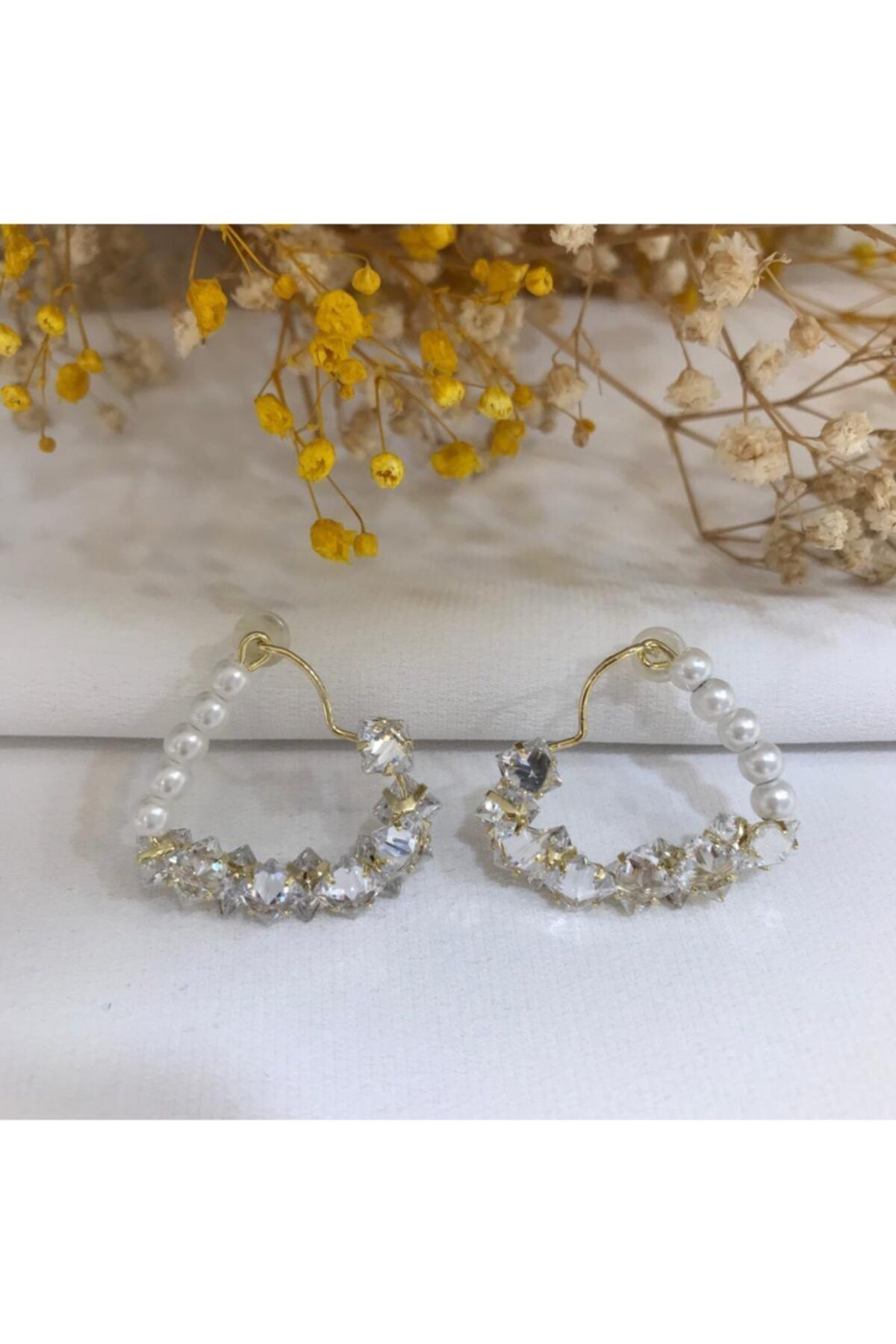 Affan Bijuteri Kalpli Swarovski Ve Inci Detaylı Küpe