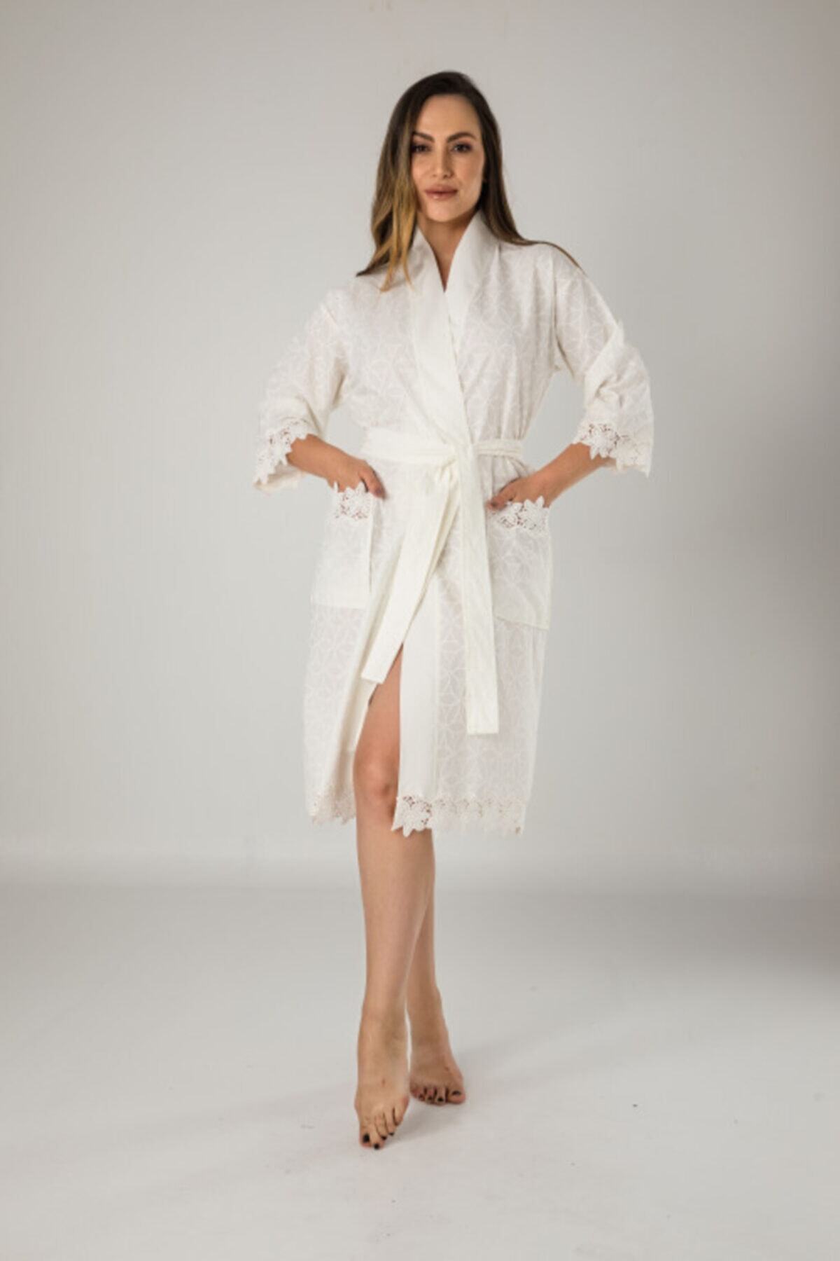 Nuşa Kadın Bej Kimono Keten Pamuklu Sabahlık