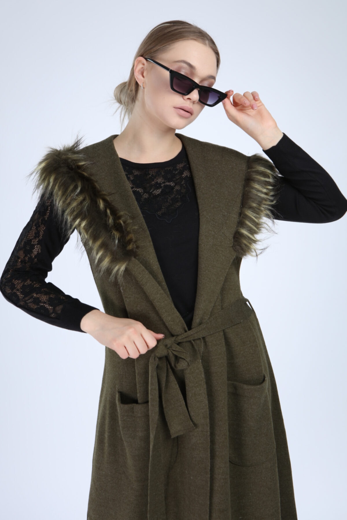 FTZ Kadın Haki Kürk Detaylı Yelek