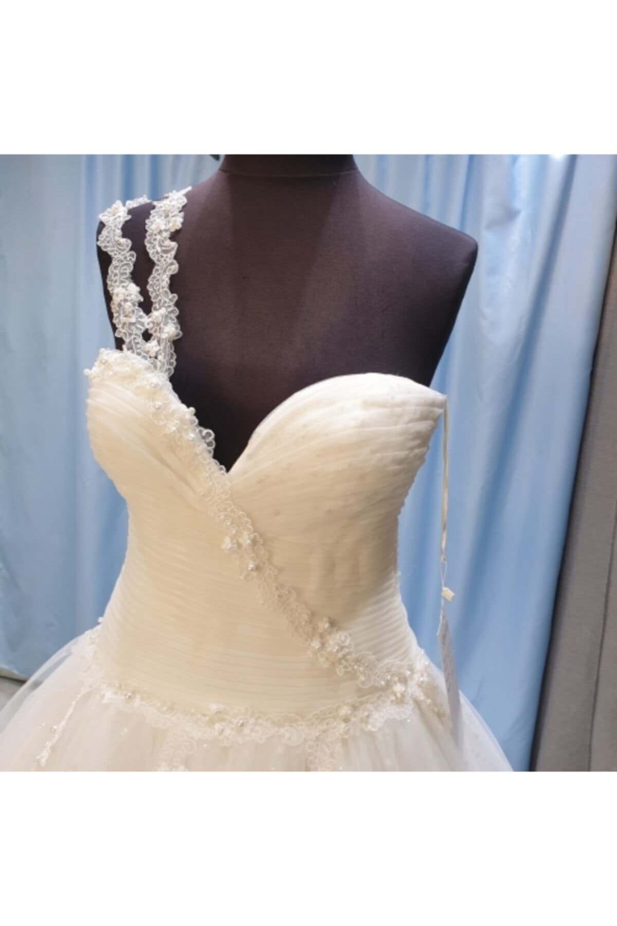 Düzey Moda Kadın Ekru Tül Kalp Yaka Gelinlik