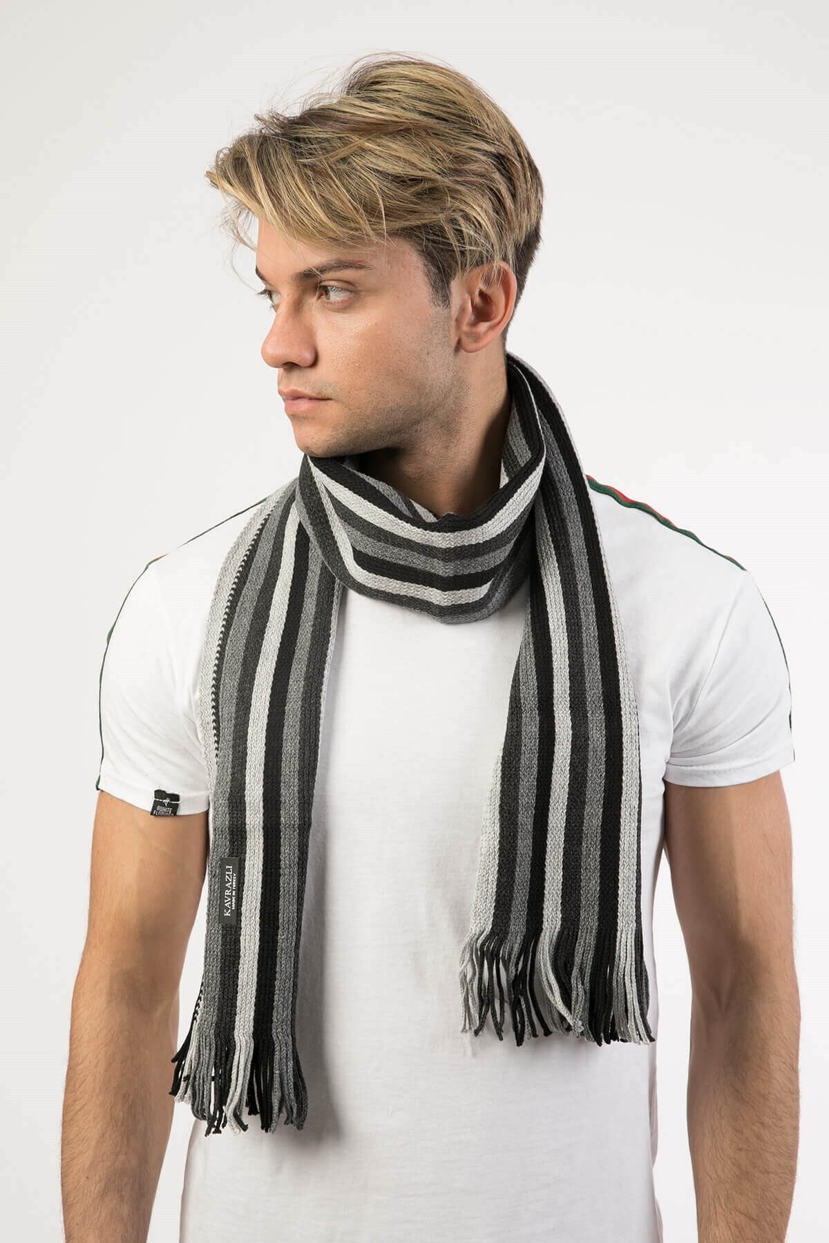 Mossta Erkek Gri Çizgili Triko Atkı