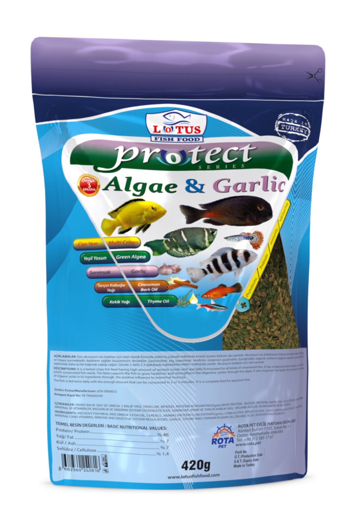 Lotus Protect Green Algae Garlic Mix Pro Immune Chips 420 Gr Poşet Balık Yemi