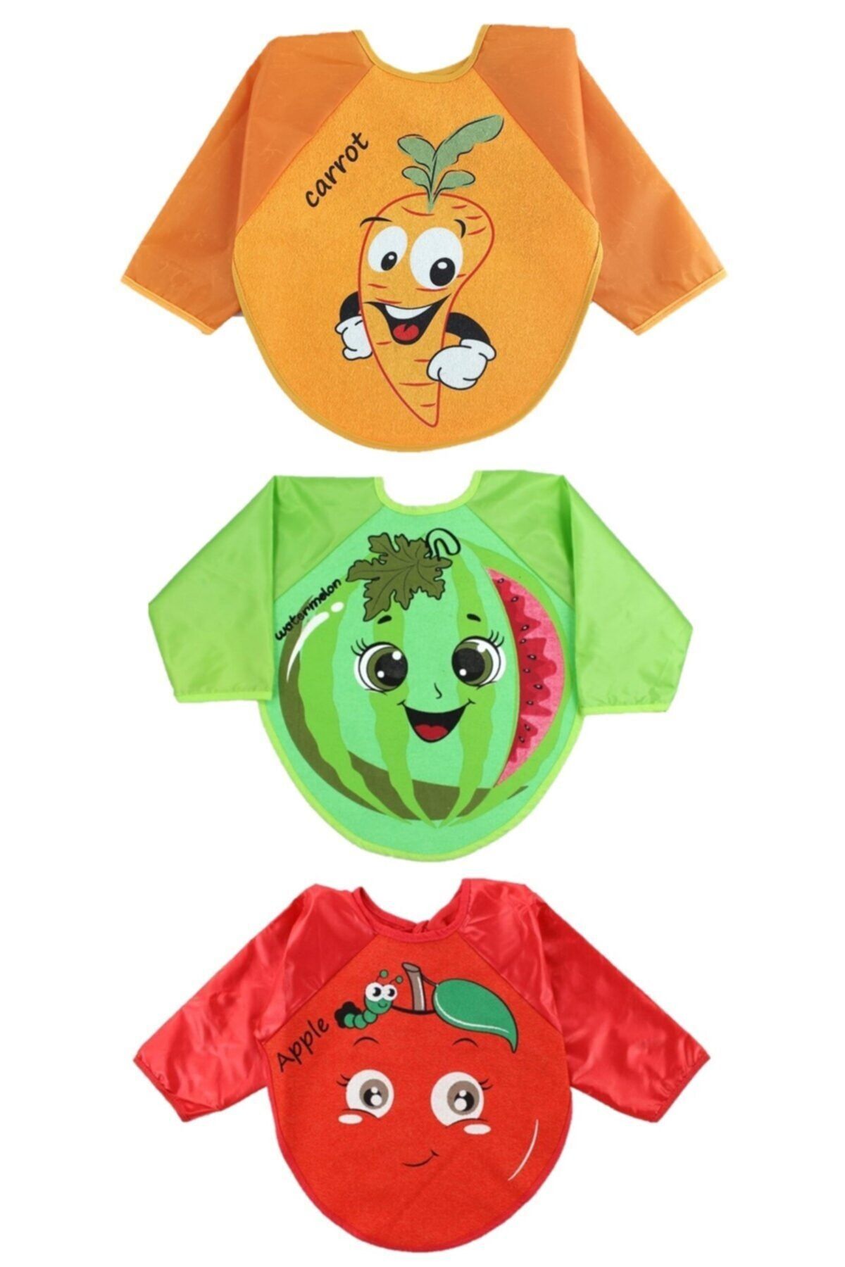 Malkoç 3 Adet Su Geçirmez Havuç Karpuz Elma Desen Bebek Mama Önlüğü 6-24 Ay