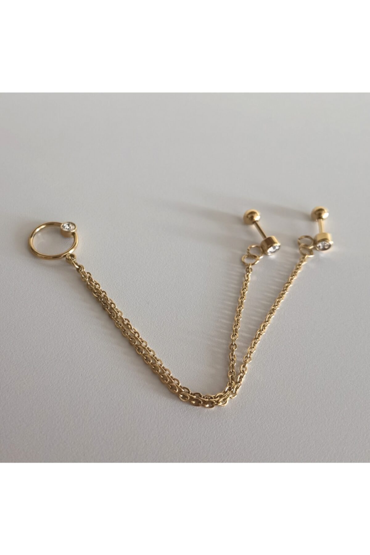 Bylin Takı Çift Zincirli, Zirkon Taşlı Iki Barlı Halka Piercing