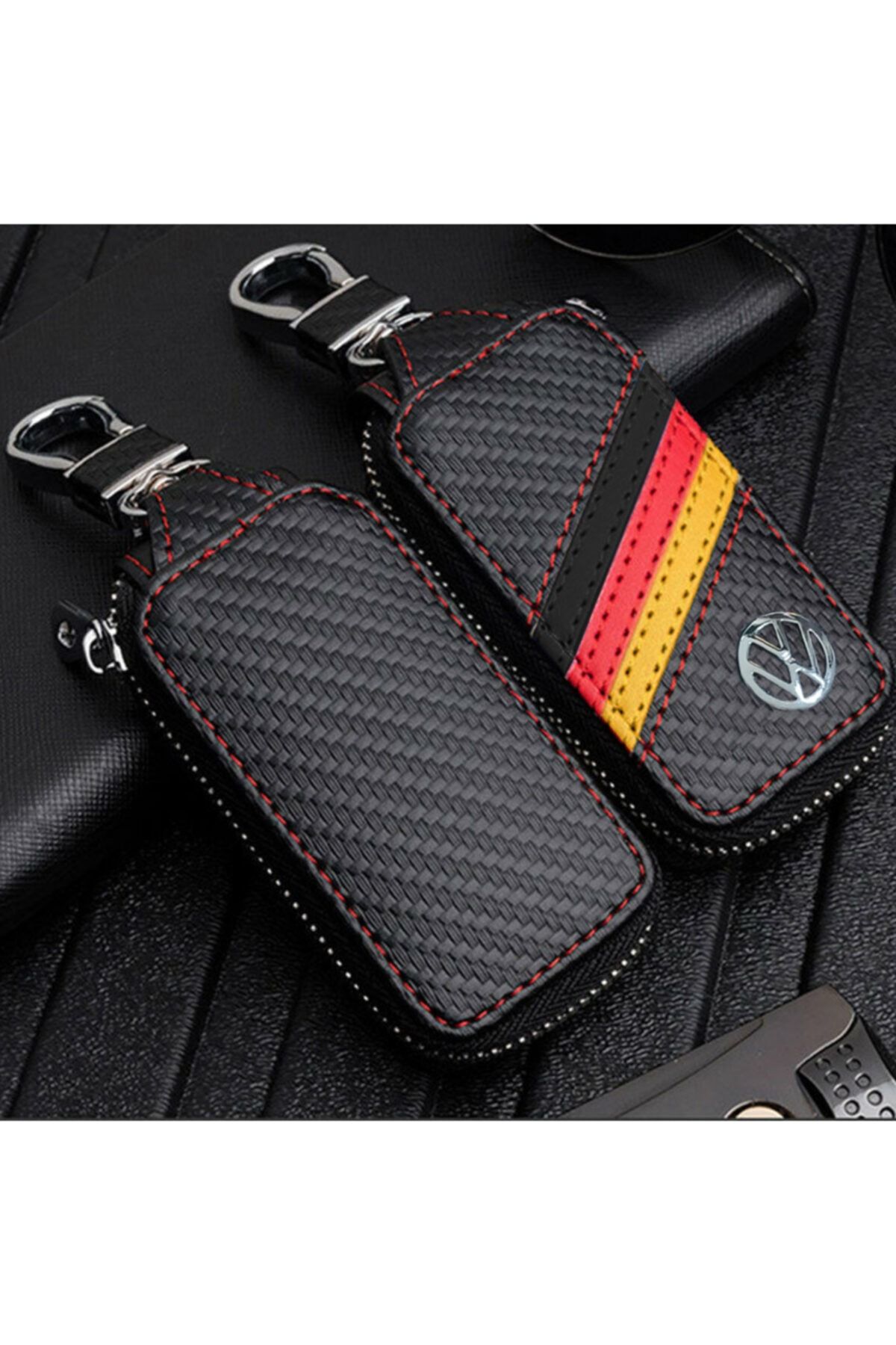 C9 Volkswagen Logolu Şık Gerçek Deri Cüzdan Kırmızı Sarı Siyah Şeritli Anahtarlık 9x4 Cm