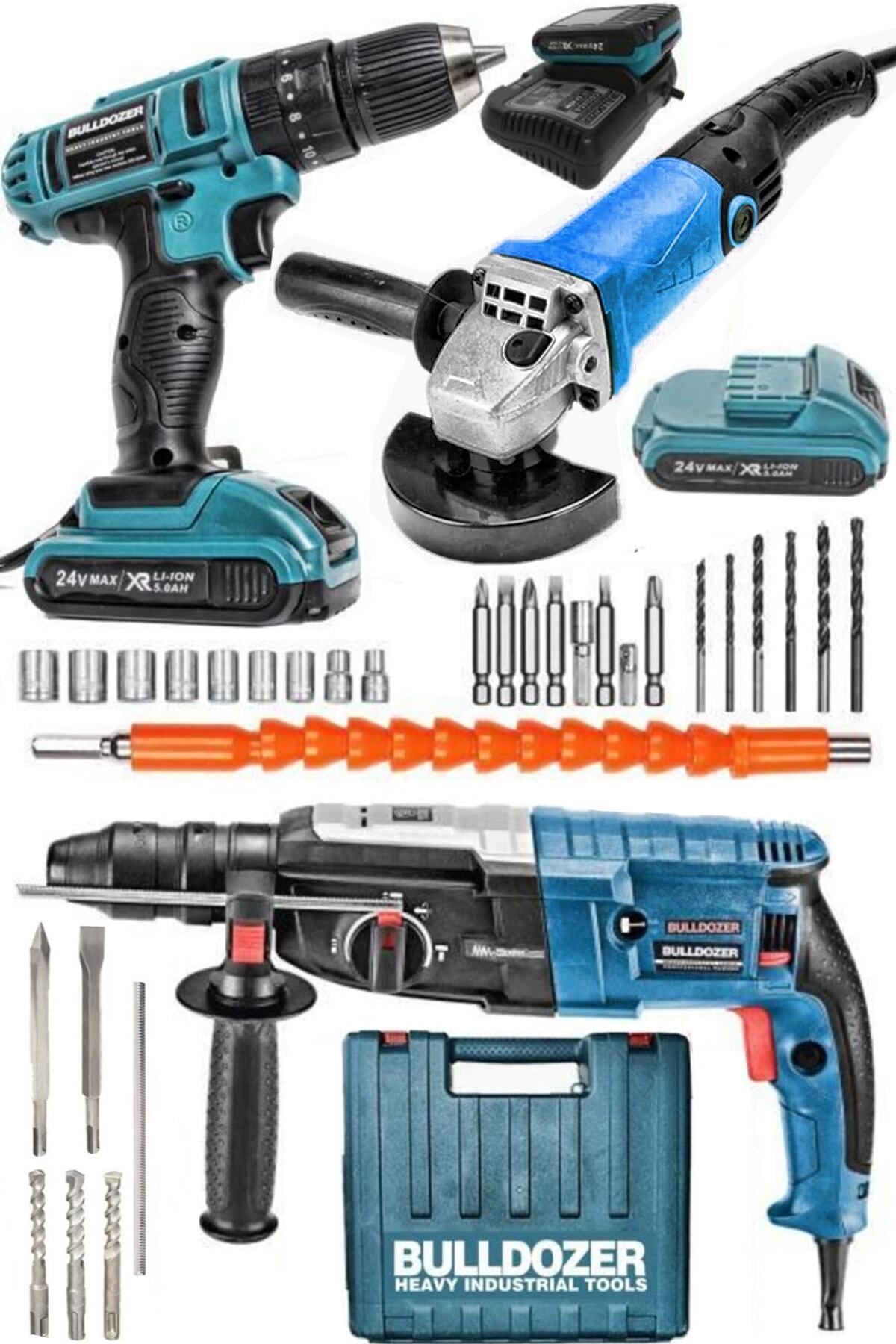 Bulldozer Makine Seti 24v Setli Vidalama 3000w Kırıcı Delici 1600w Devir Ayarlı Avuç Taşlama