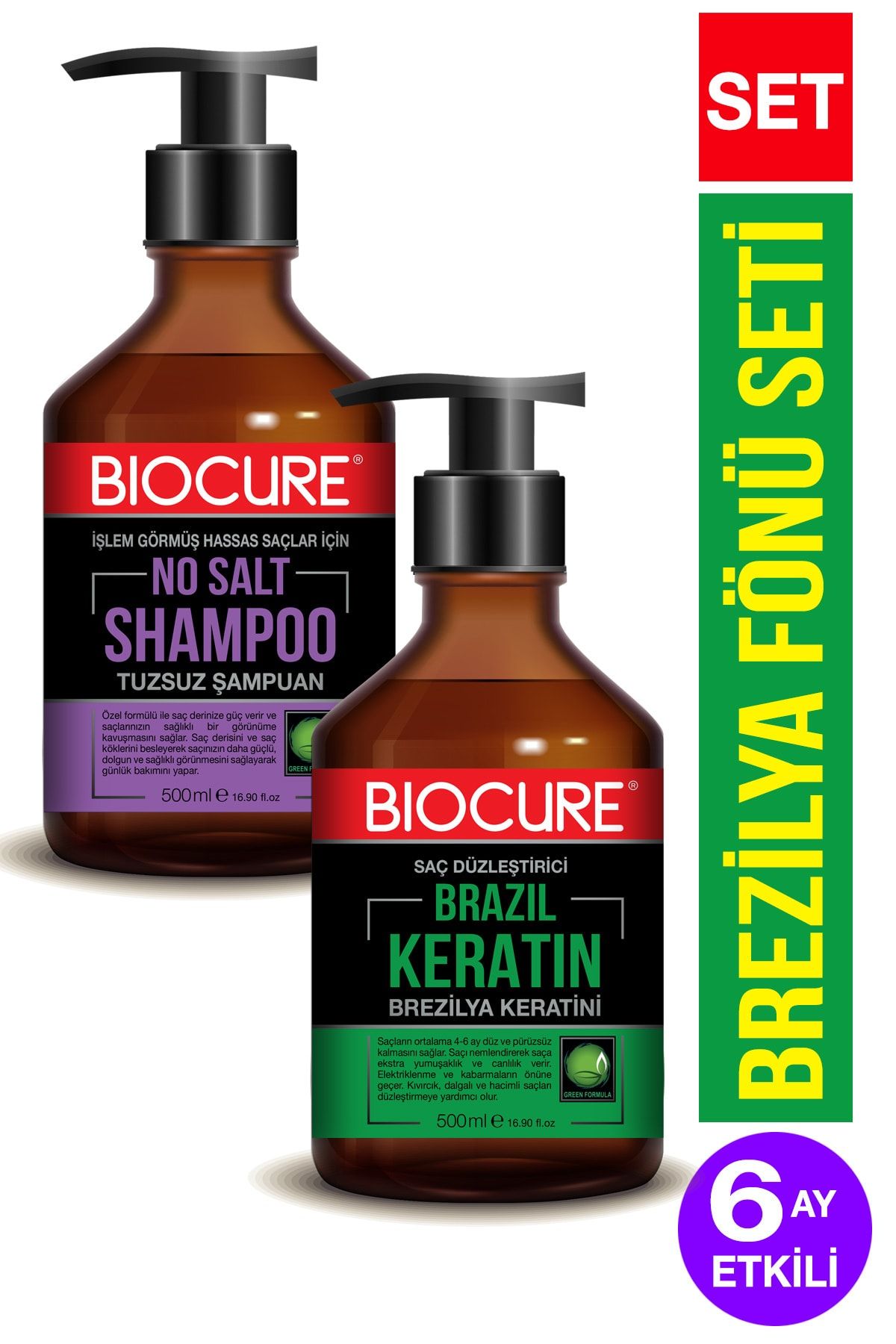Biocure Saç Düzleştirici Keratin Bakımı Brezilya Fönü 500 ml + Parabensiz, Arındırıcı Tuzsuz Şampuan 500ml