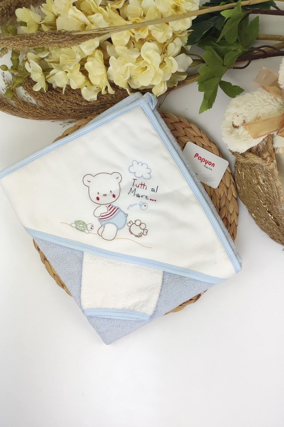 Papyon Baby Kids Kaplumbağ Ayıcık Yengeç Nakışlı Erkek Bebek Banyo Havlusu 75*75 Cm