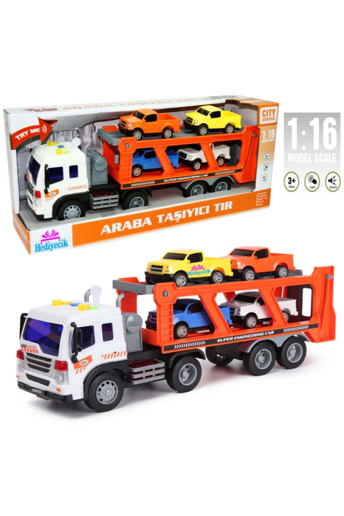 hediyecik Oyuncak 1:16 Sesli Ve Işıklı 2 Katlı Araba Taşıyan Tır