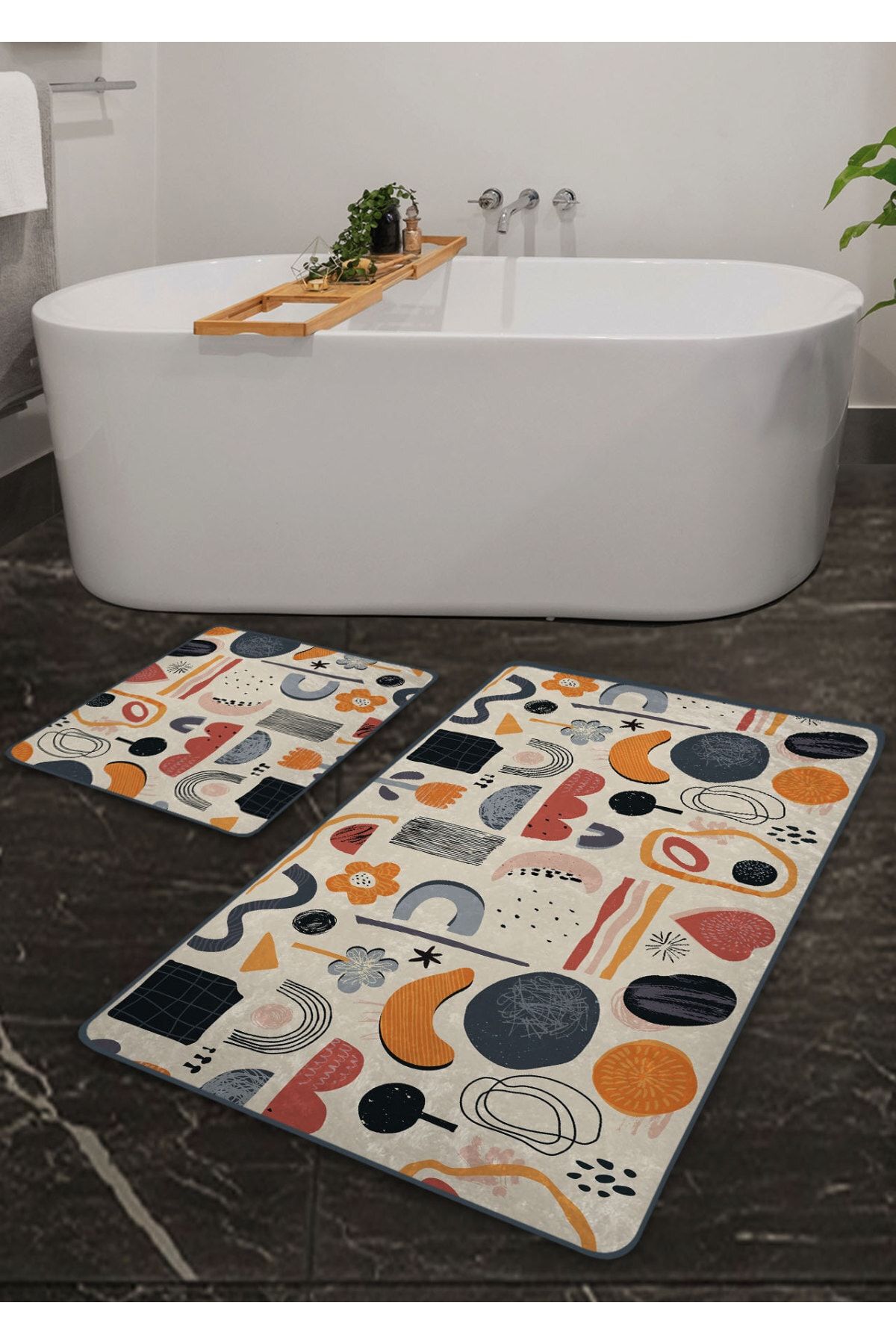 Pilloveland Kaymaz Taban Yıkanabilir 2’li Banyo Paspası - Çakra Desenli 60*100 cm - 50*60 cm