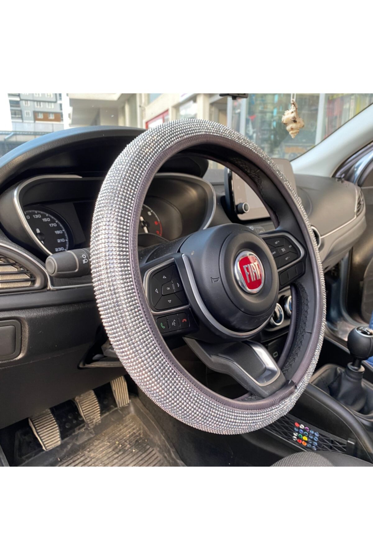 Blingston Kristal Taşlı Deri Bayan Direksiyon Kılıfı Ince Kenarlı Siyah Gümüş 38-40cm