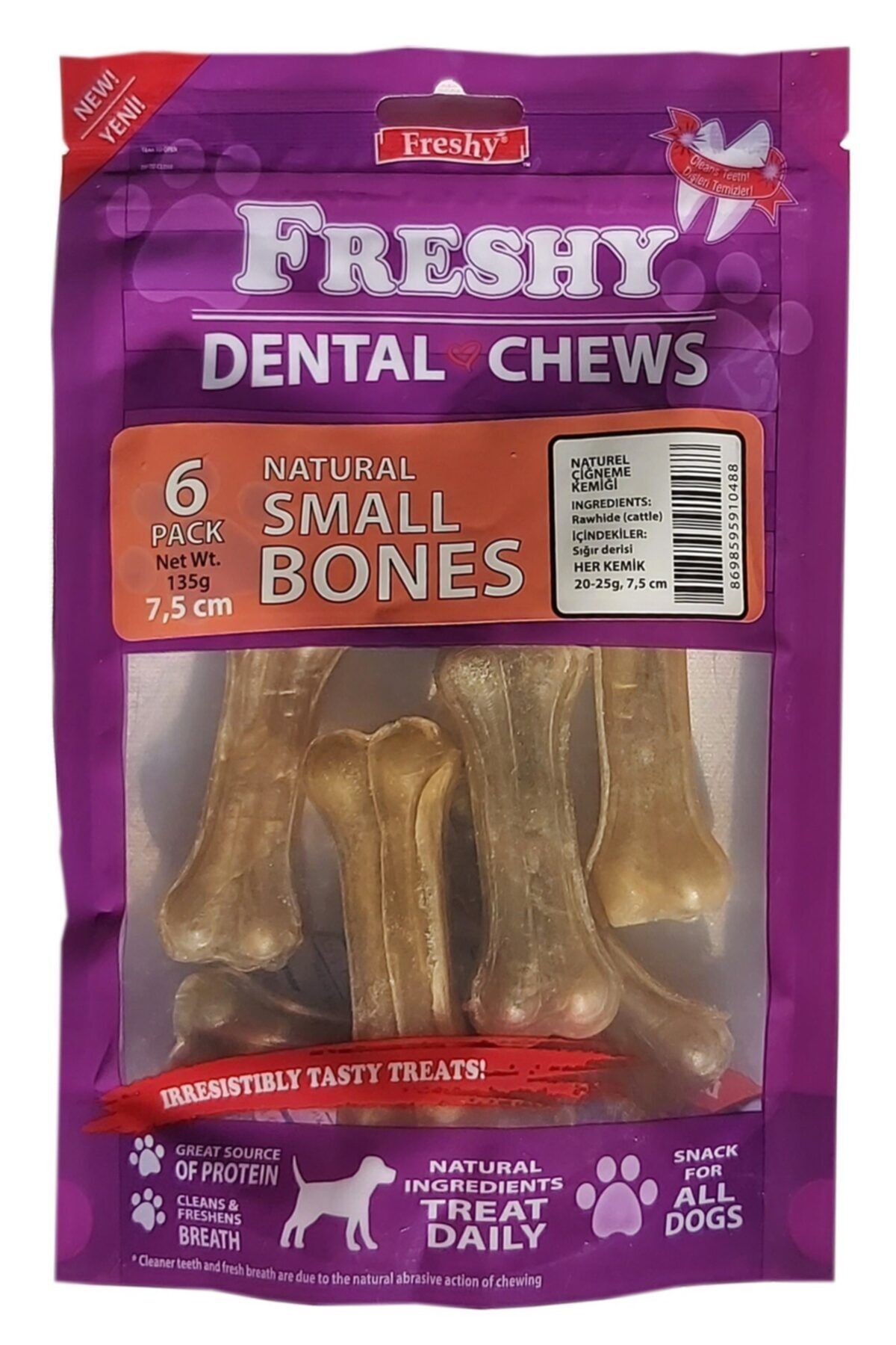 Freshy Küçük Boy Natürel Dental Pres Kemik - 7,5 Santim (3 Inç) - 6'lı Paket - Toplam 135 Gram