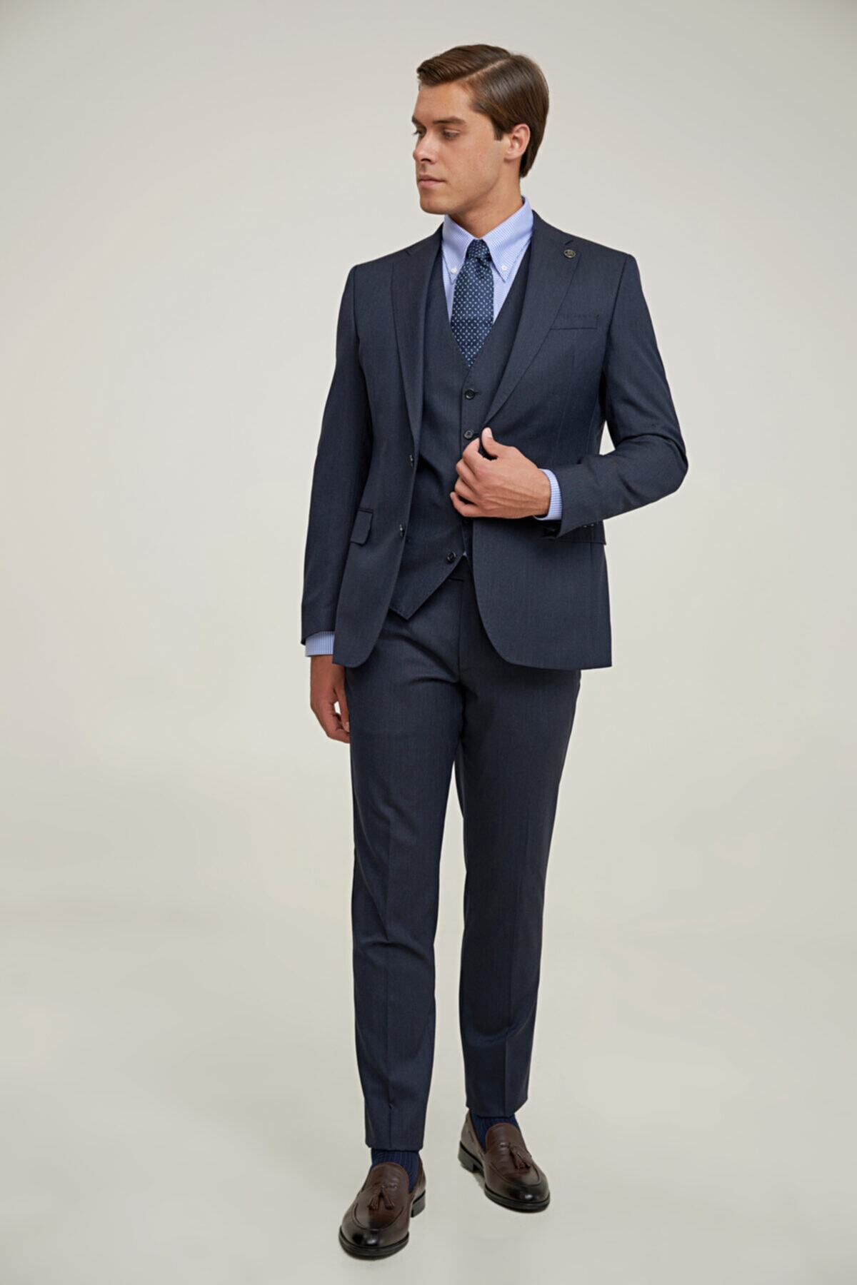 Damat Slim Fit Lacivert Yelekli Takım Elbise
