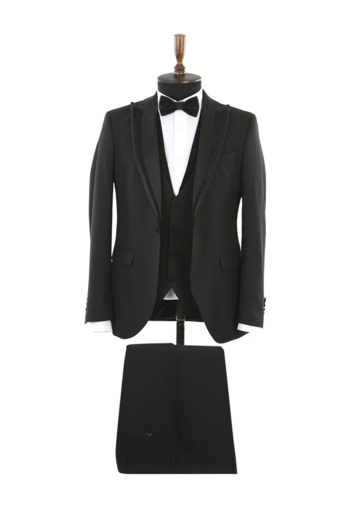 Jakamen Erkek Siyah Slim Fit Sivri Yaka Yelekli Smokin