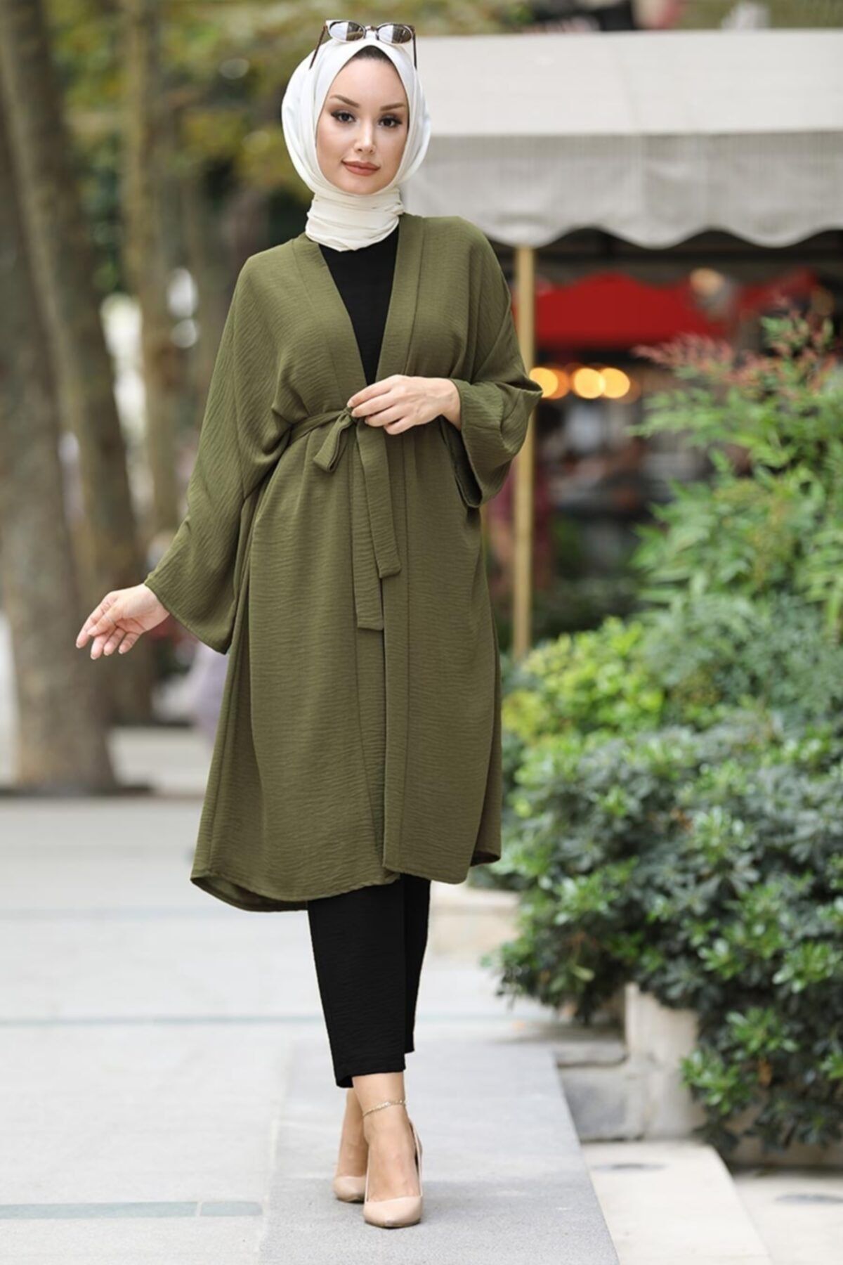 Neva Style - Kuşaklı Haki Tesettür Kimono 40930hk