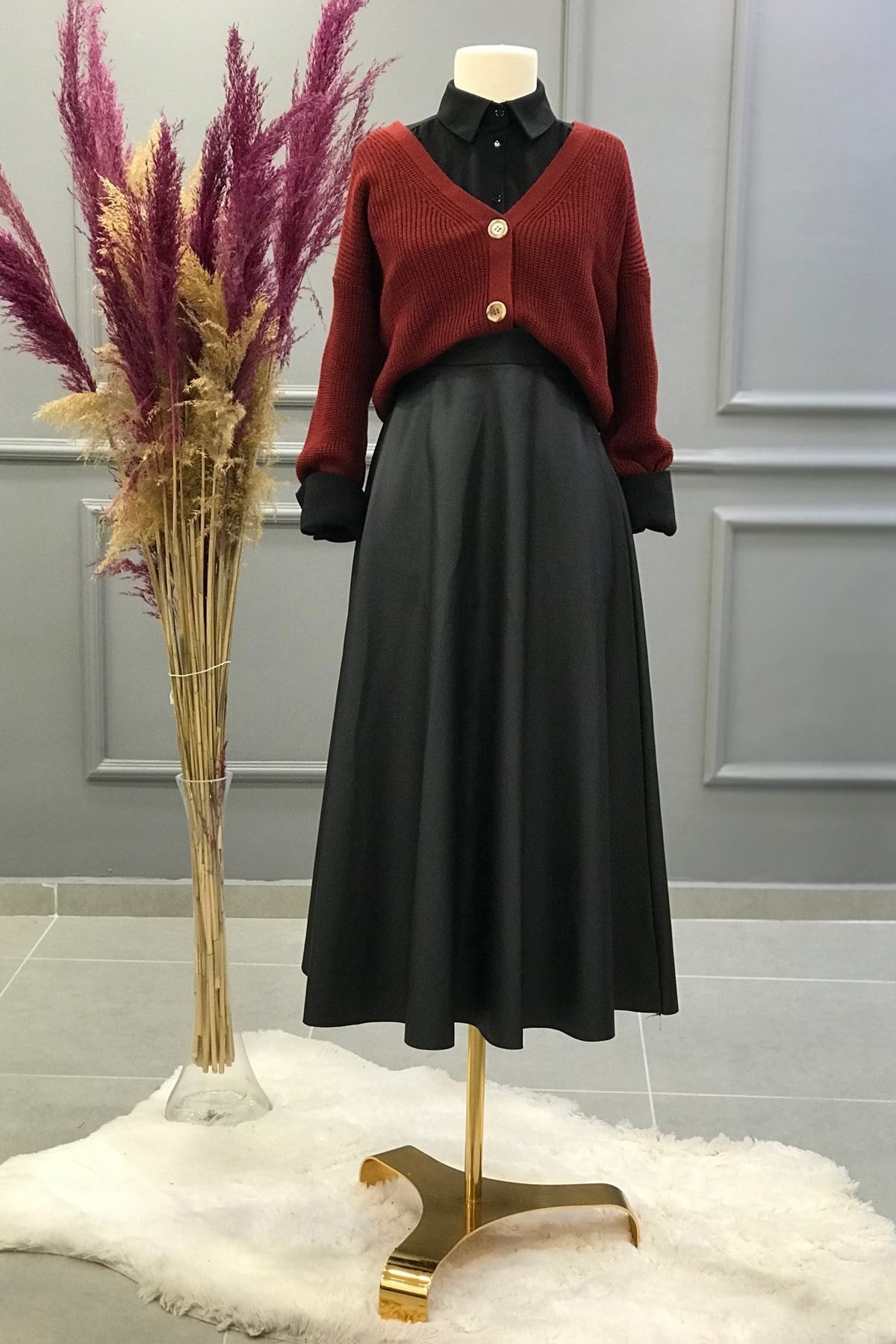 Ebrar Store Kloş Deri Etek-siyah