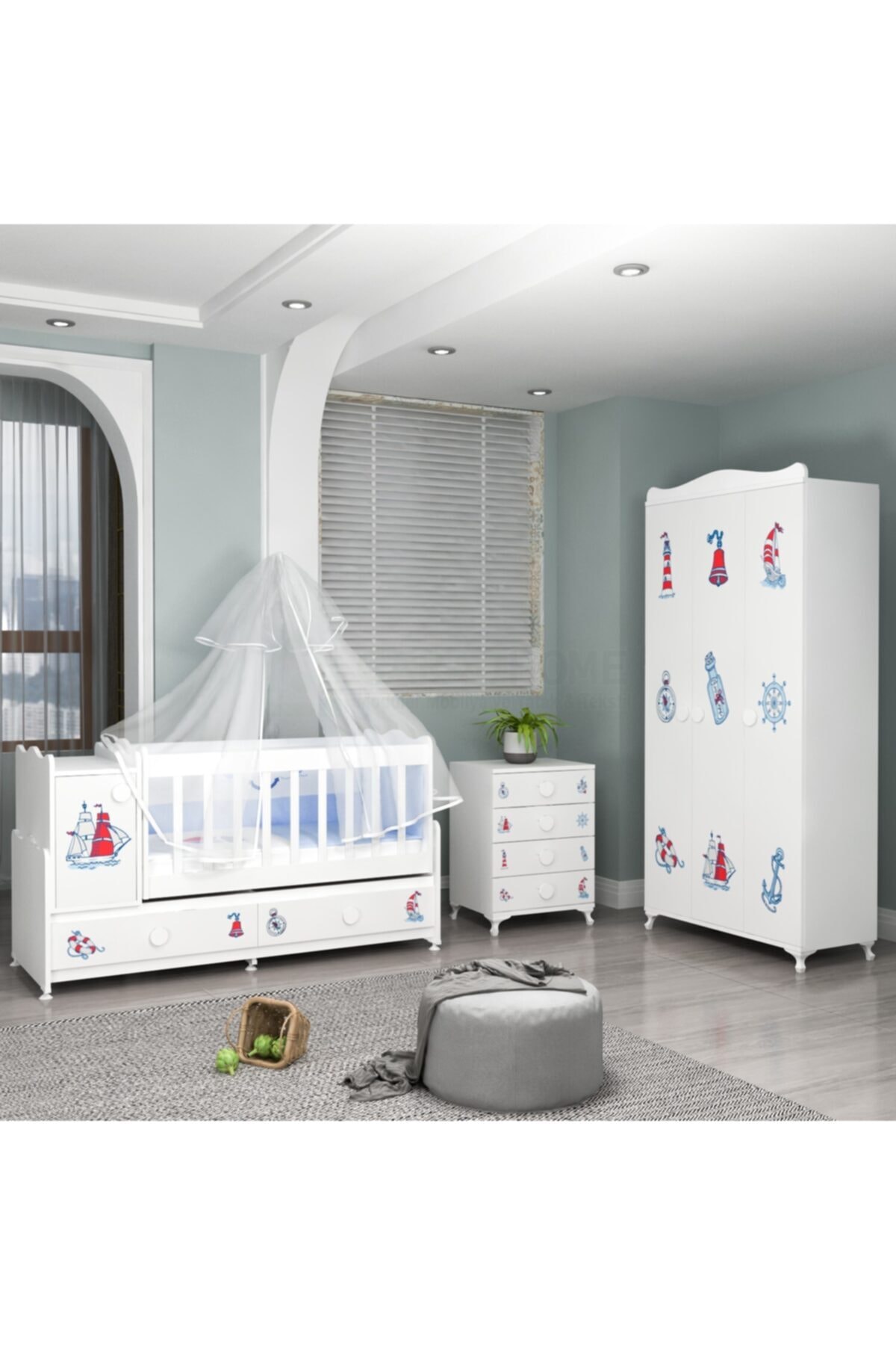 Garaj Home Pırlanta Yıldız 3lü Denizci Bebek Odası Takımı - Yatak Ve Uyku Seti Kombinli Uyku Seti Gri