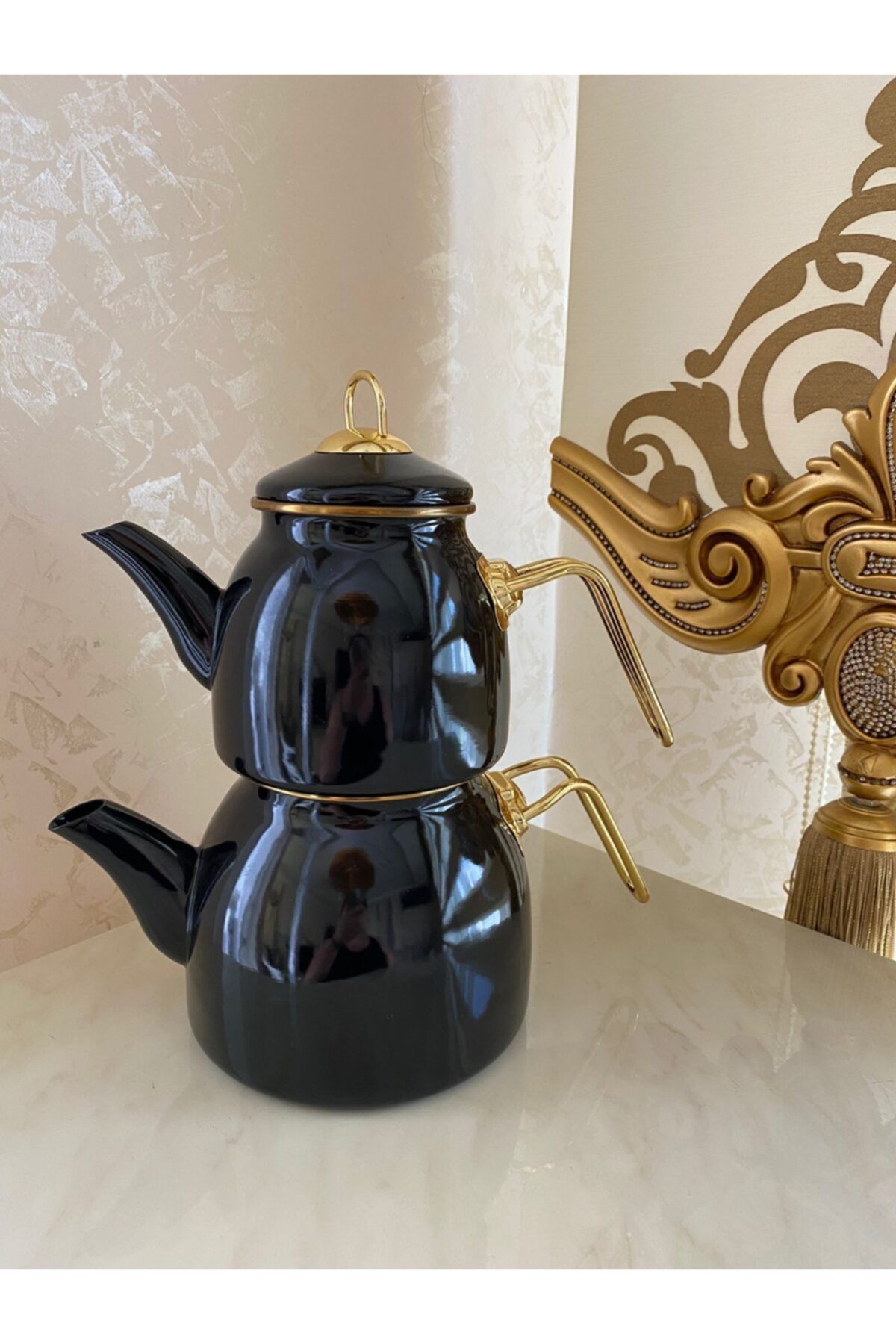 İmren Collection Kosova Vakum Kapaklı Emaye Çaydanlık Siyah Gold
