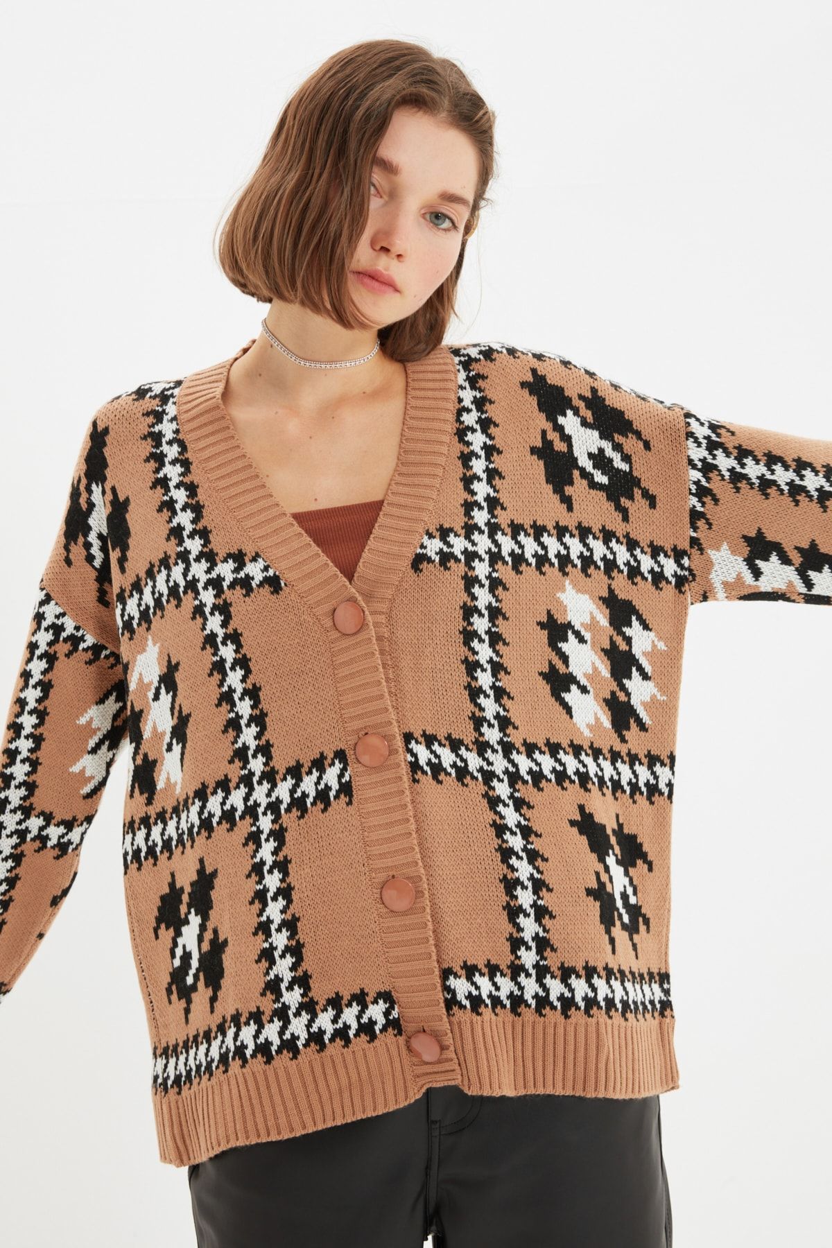 TRENDYOLMİLLA Camel Jakarlı Triko Hırka TWOAW22HI0617