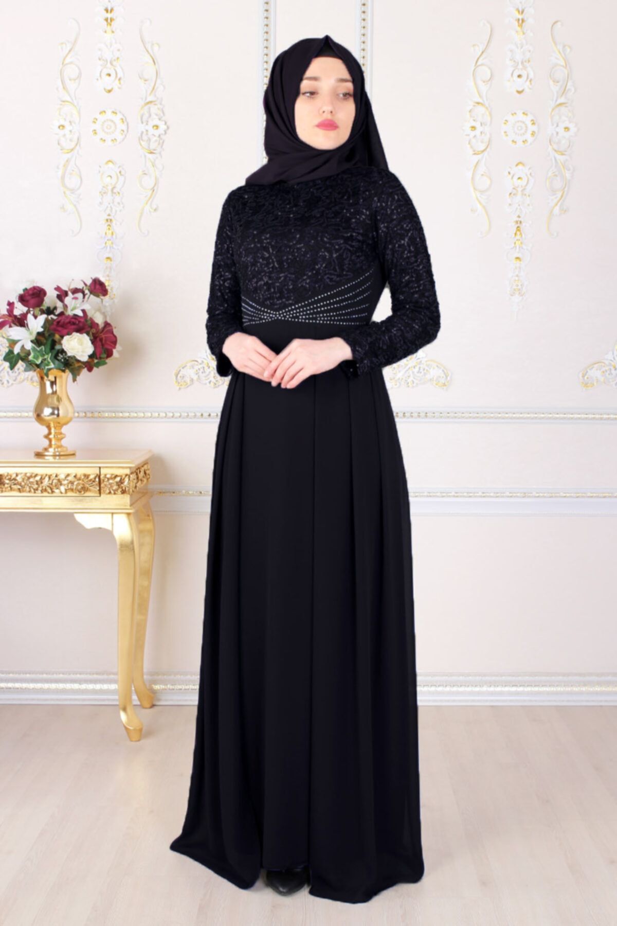 Feiza Collection Taş Işleme Kemerli Payet Detaylı Tesettür Abiye Elbise - Siyah